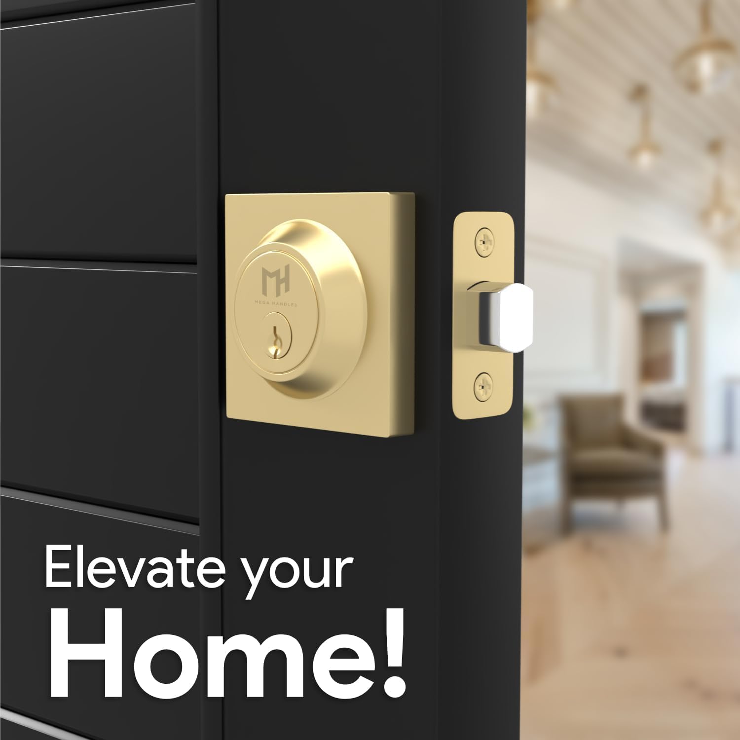 Heavy Duty Square Deadbolt Lock for Left or Right Handed Doors - Interior/Exterior Security - Satin Brass Finish - Ideal for Home, Office & Apartment Entry Doors - Mega Handles Prime Deadbolt I Entry Deadbolt Lock