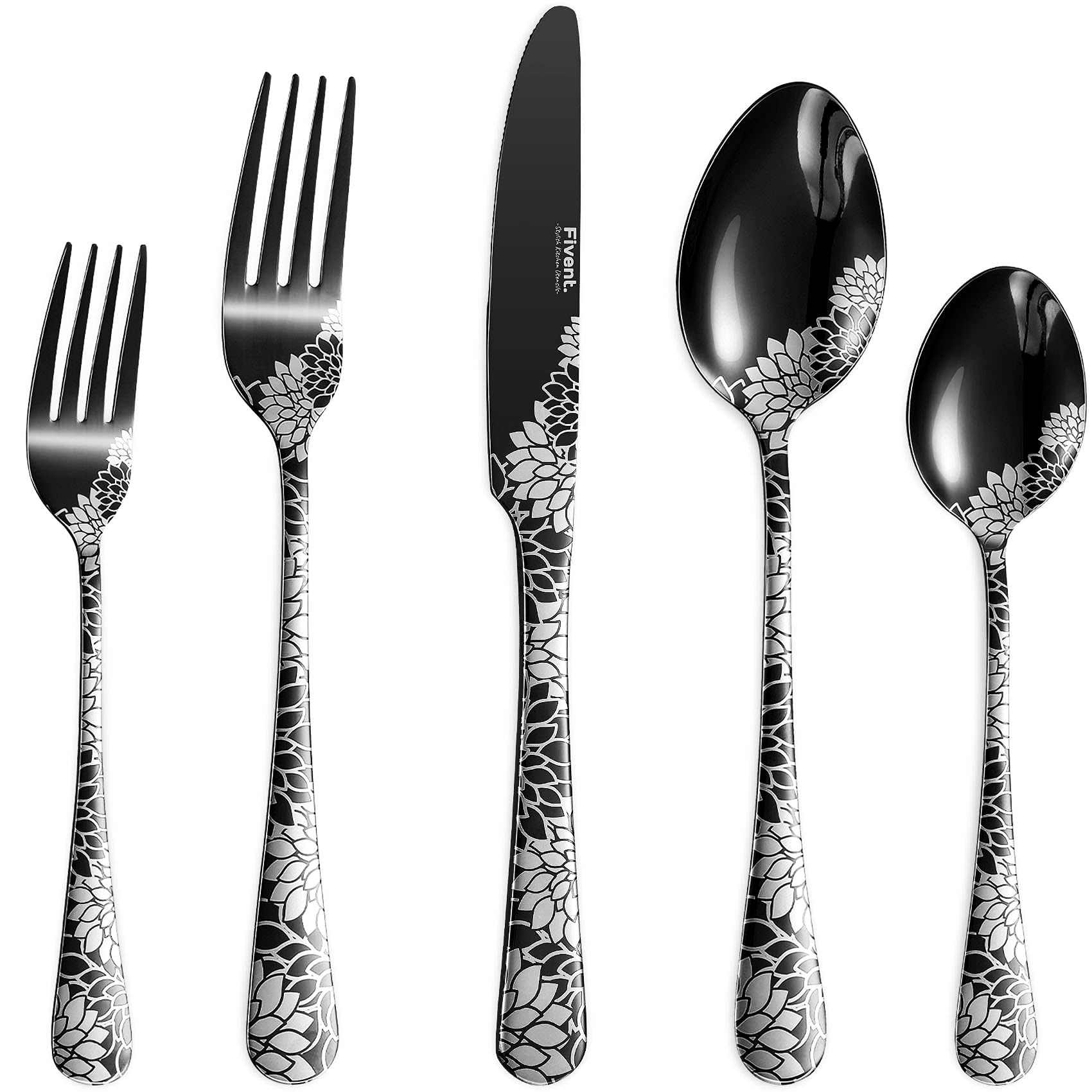Fivent 20-Piece Stainless Steel Cutlery Set - 8 Forks, 8 Spoons, 4 Knives - Mirror Polished Dishwasher Safe Flatware for Home Kitchen - Elegant Black Blooming Flower Design - Perfect for Dinner Parties, Restaurants & Everyday Dining