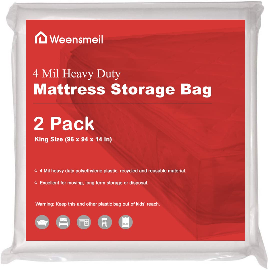 King Size Mattress Bags for Moving and Storage (94 x 96 Inch) - 4 Mil Heavy Duty Clear Plastic Mattress Cover [2 Pack] - Waterproof & Dustproof Protection for Long-Term Storage, Moving Homes, or Disposal