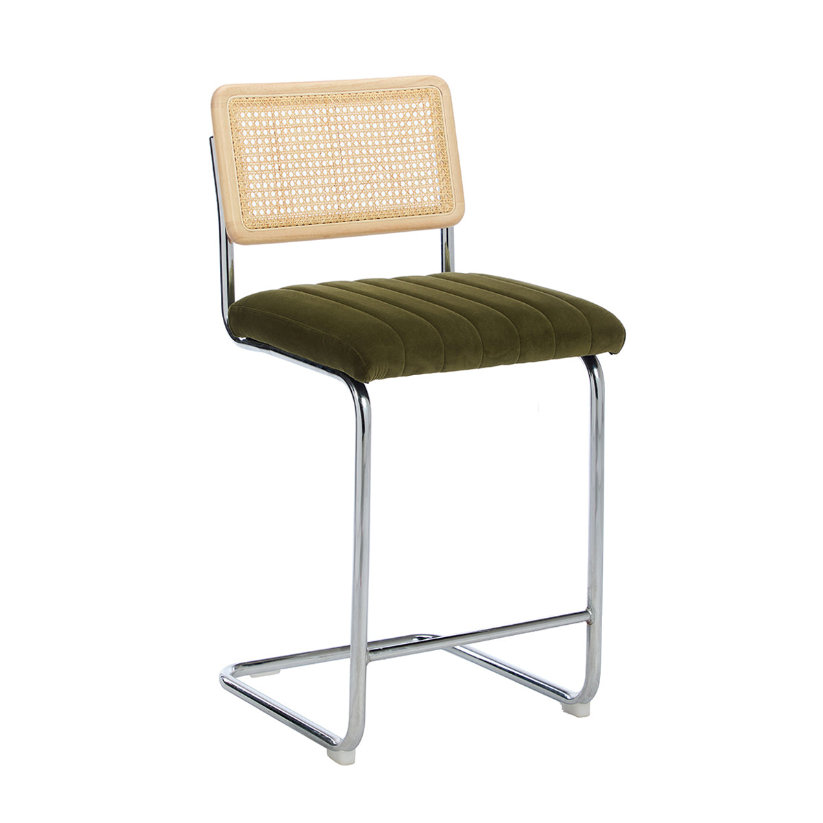 Blake Rattan Velvet Bar Stool - Modern Counter Height Barstool with Cushioned Seat - Perfect for Kitchen Island, Breakfast Nook & Home Bar Decor