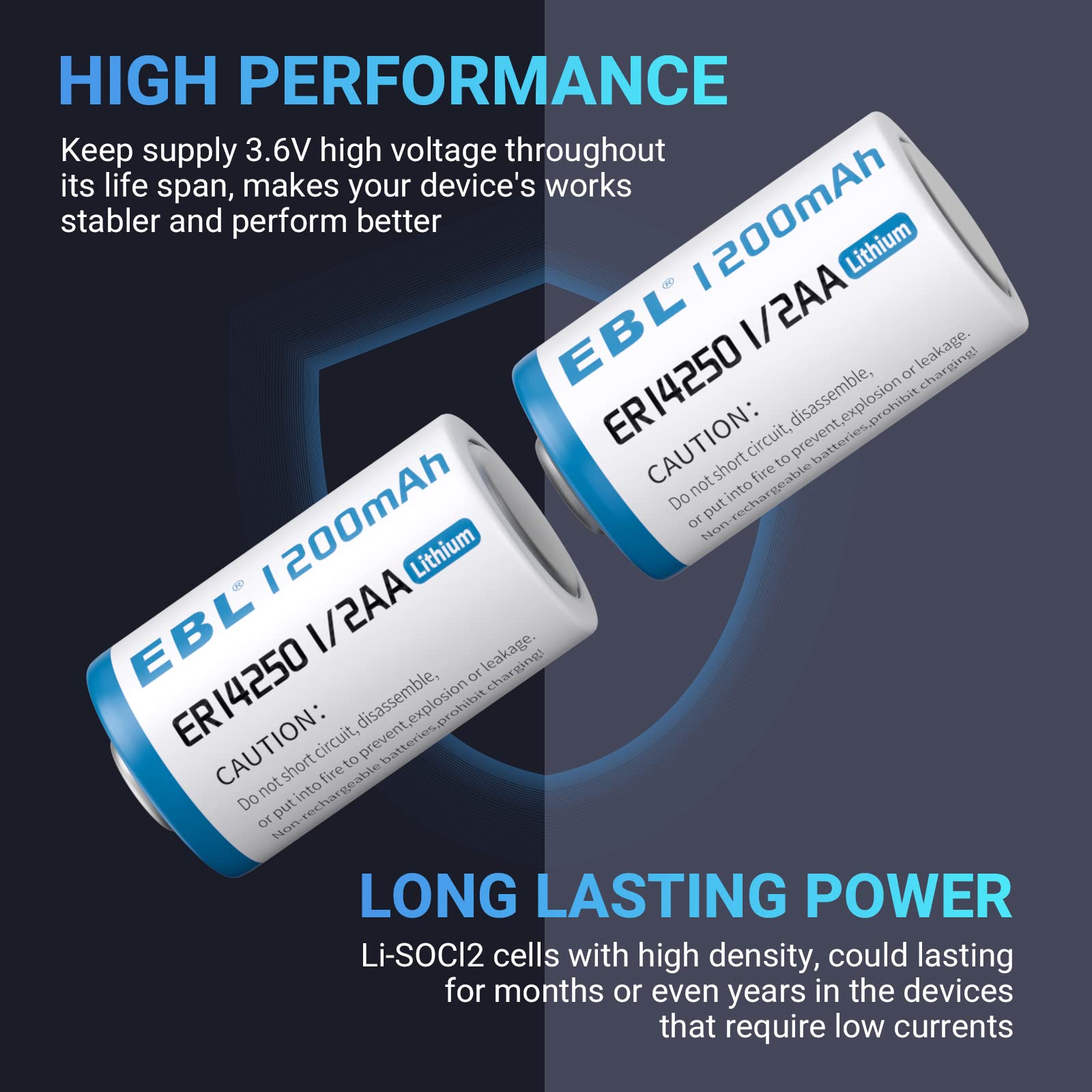 EBL ER14250 3.6V 1200mAh 1/2 AA Lithium Non-Rechargeable Batteries - Long Lasting Power for Medical Devices, Security Systems & Industrial Equipment