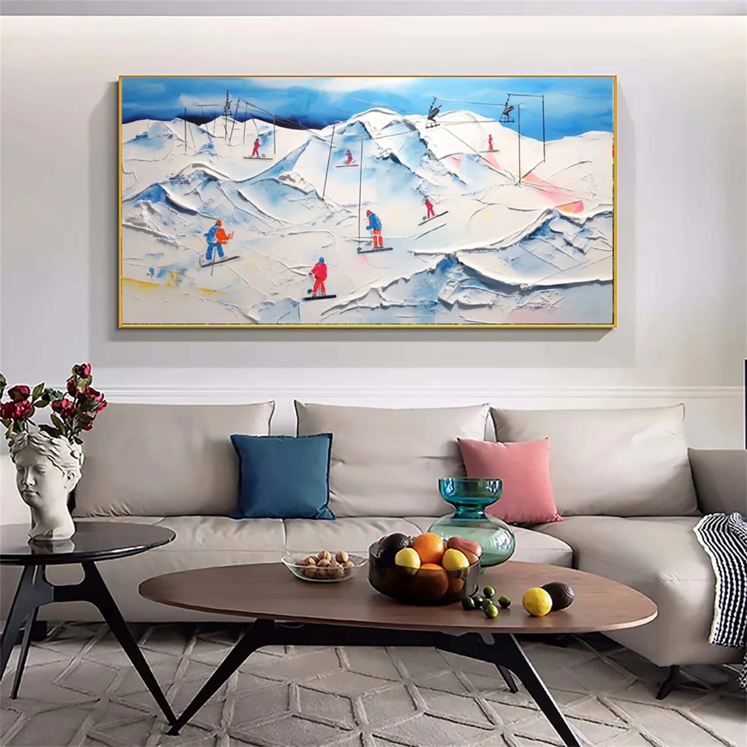 Premium Skiing Sport Art Textured Painting Canvas - Winter Sports Wall Decor #MM234 | Perfect for Ski Lodge, Cabin & Mountain Home Decor