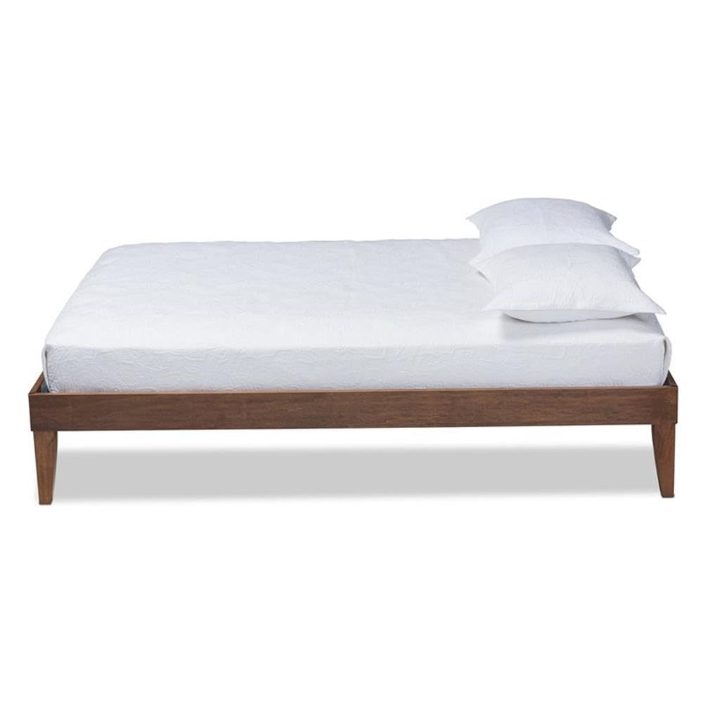 BOWERY HILL Queen Size Walnut Finished Platform Bed Frame with Headboard - Solid Wood Modern Bedroom Furniture for Small Spaces & Guest Rooms