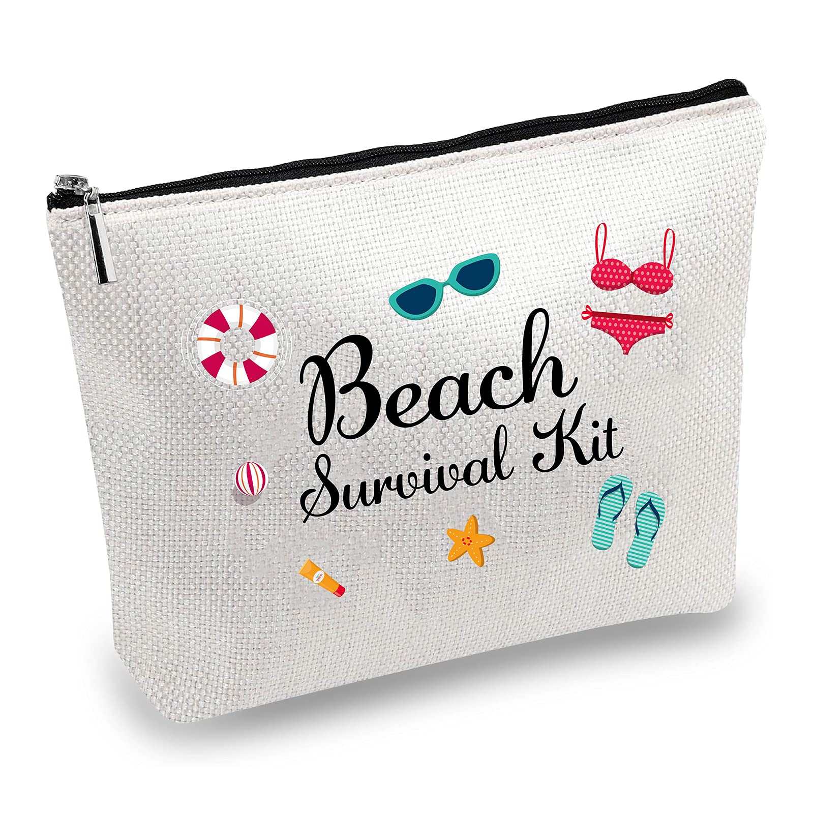 CREATCABIN Canvas Makeup Bag - Printed Cosmetic Organizer, Beach Survival Kit, DIY Craft Pouch with Zipper | Toiletry Bag for Women | Holds Keys, Headphones, Lipstick, Cards & Pens | 10x7 Inch | Perfect for Travel, Gym & Daily Essentials