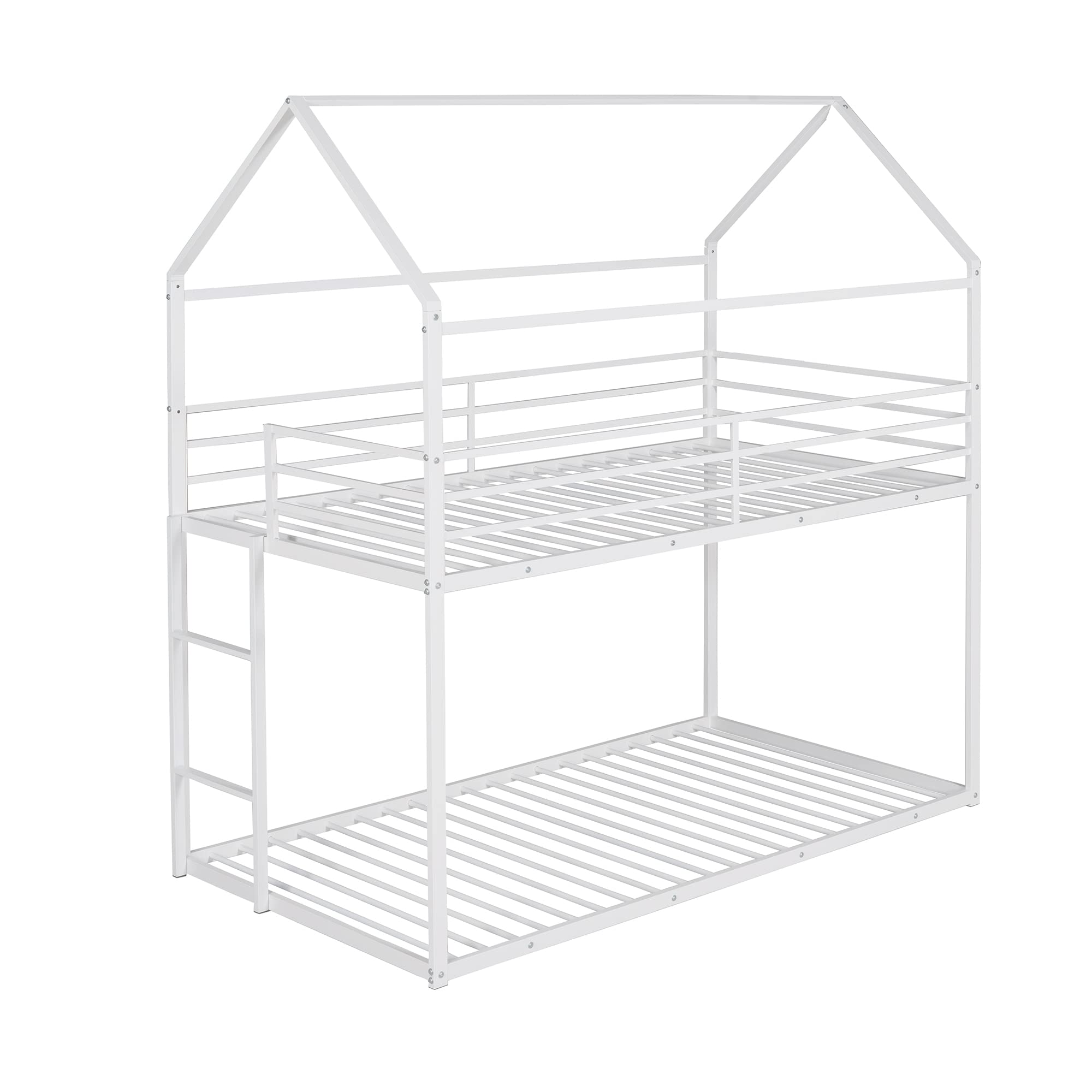 Rhomtree Twin Over Twin Bunk Bed with Built-in Ladder, Roof & Guardrails - Sturdy Metal House Bed for Kids, Teens, Boys & Girls (White) | Perfect for Small Bedrooms, Sleepovers & Space-Saving Kids' Rooms