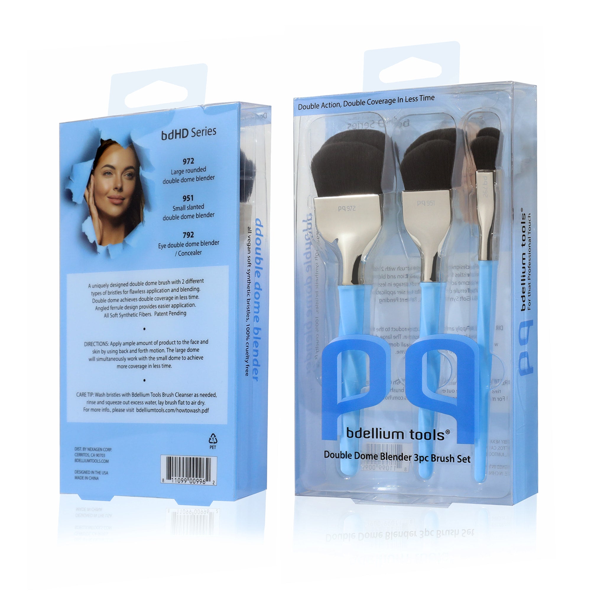 Blue Double Dome Blender 3-Piece Brush Set for Professional Makeup Application - Perfect for Contouring, Highlighting & Blending