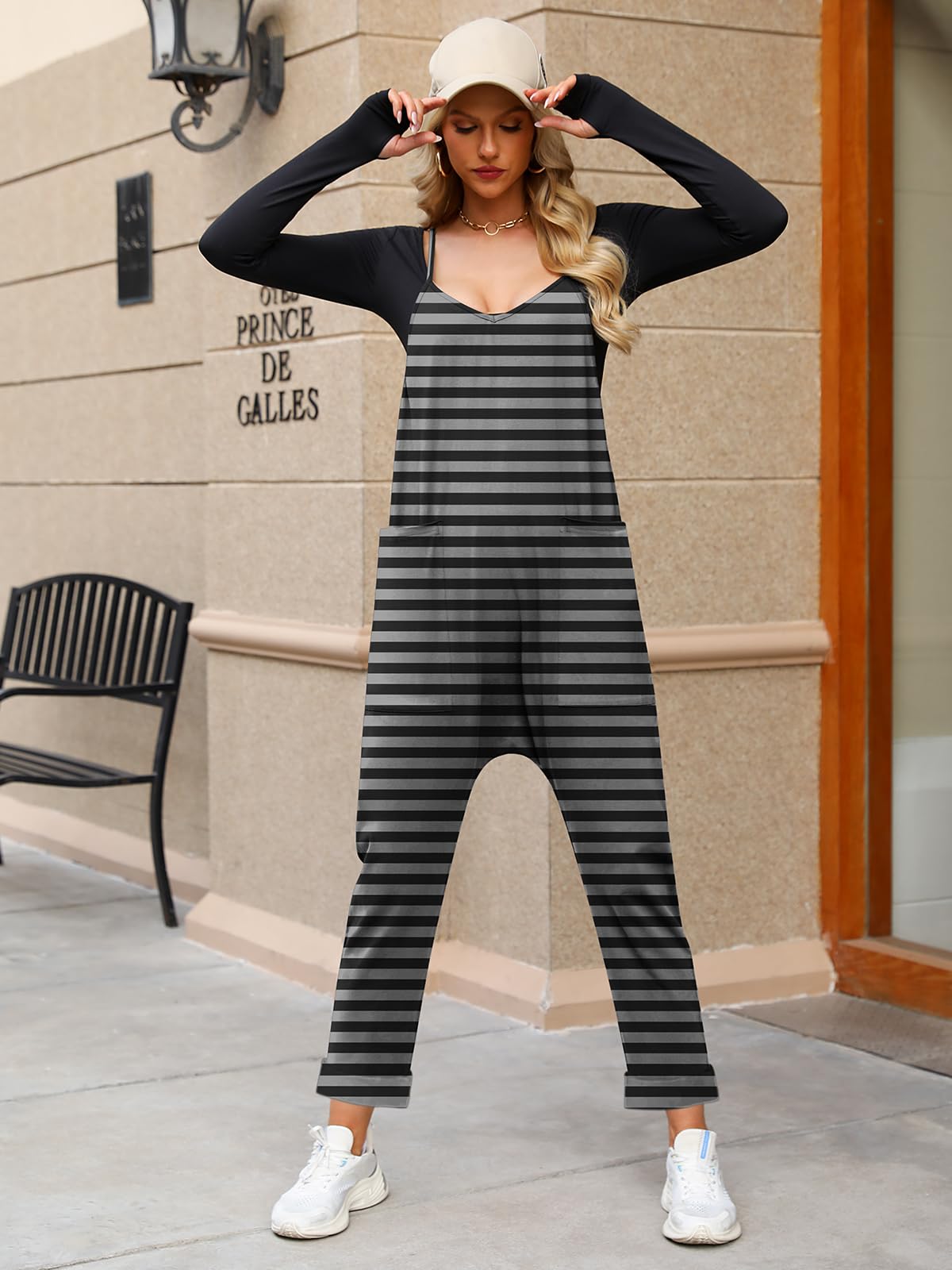 Women's Summer V-Neck Sleeveless Jumpsuit with Pockets - Casual Loose Romper for Beach & Outings