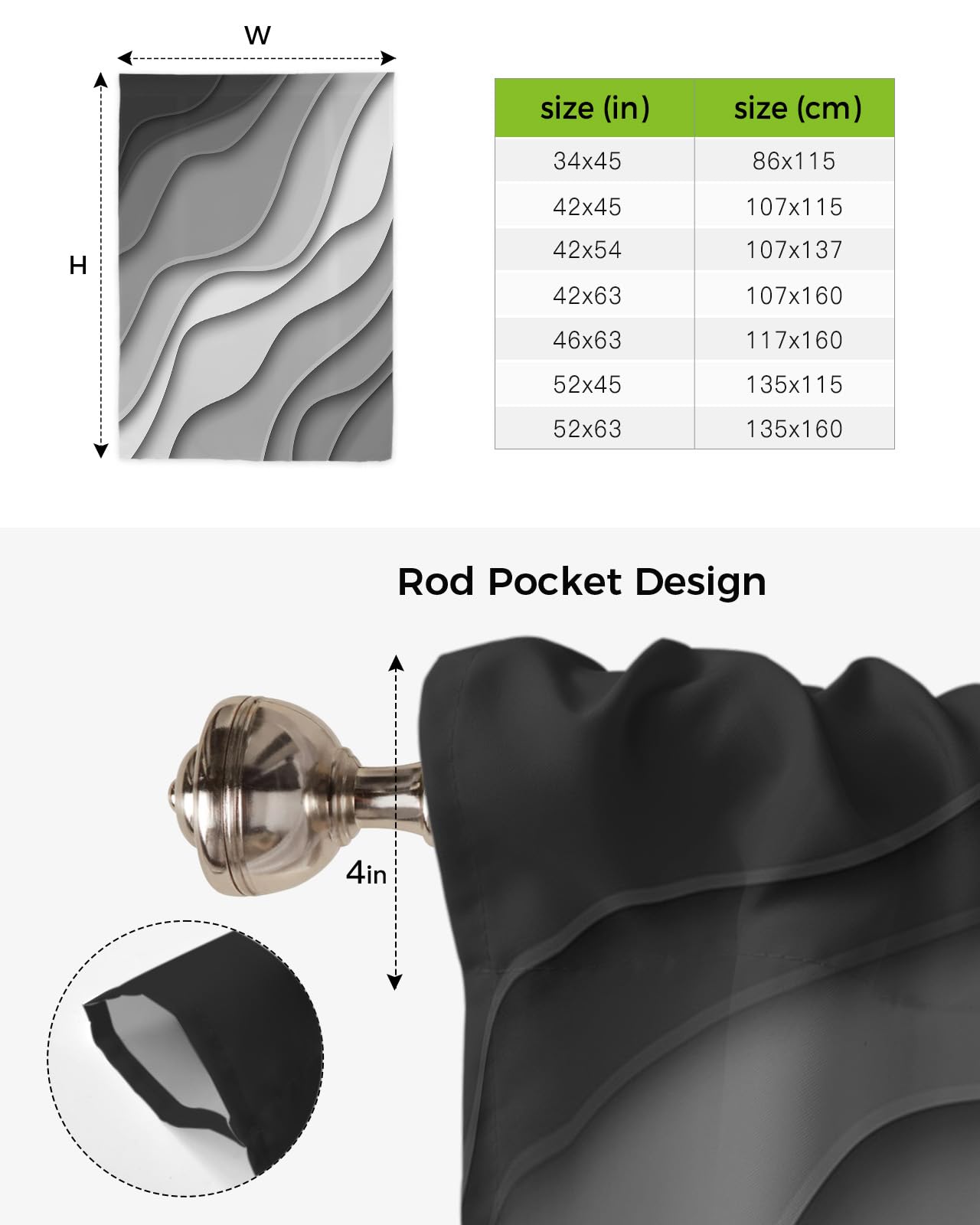 Modern Abstract Tie Up Kitchen Curtains - Gray Striped Geometric Ripple Line Balloon Shade with Rod Pocket, 42