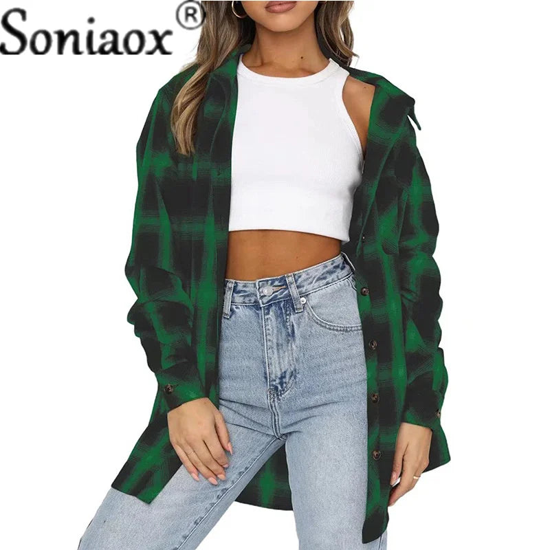Women's Flannel Plaid Shirt - Soft Loose Fit Long Sleeve Button Down Blouse with Pockets | Casual Fall & Winter Layering Top for Outdoor Activities, Work & Everyday Wear