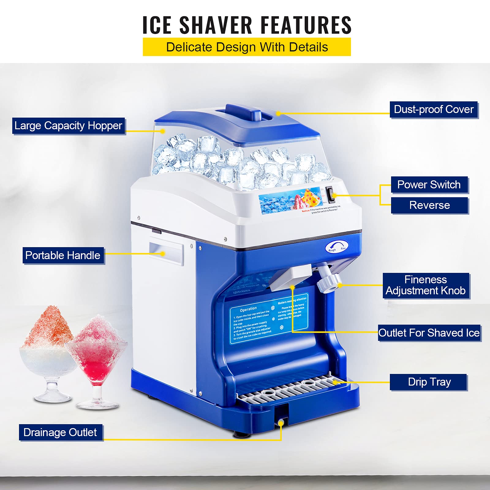 VEVOR 110V Commercial Ice Shaver Crusher 441LBS/H with 11LBS Hopper, 300W Electric Snow Cone Maker Machine - 320 RPM Tabletop Ice Shaving for Parties, Events, Snack Bars & Home Use - Perfect for Margaritas, Slushies, and Frozen Drinks