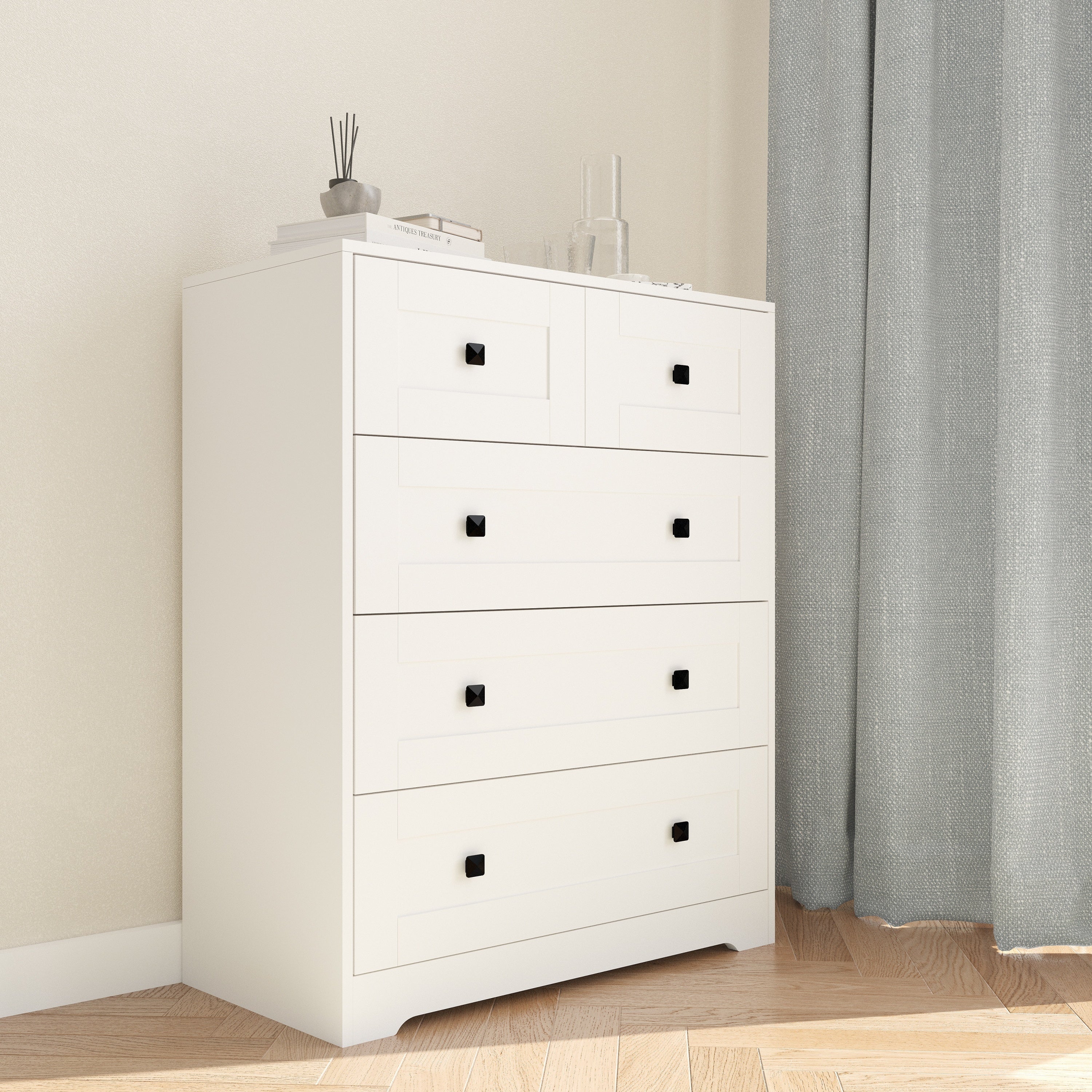 5-Drawer White Farmhouse Chest of Drawers - Perfect for Bedroom Storage & Rustic Home Decor