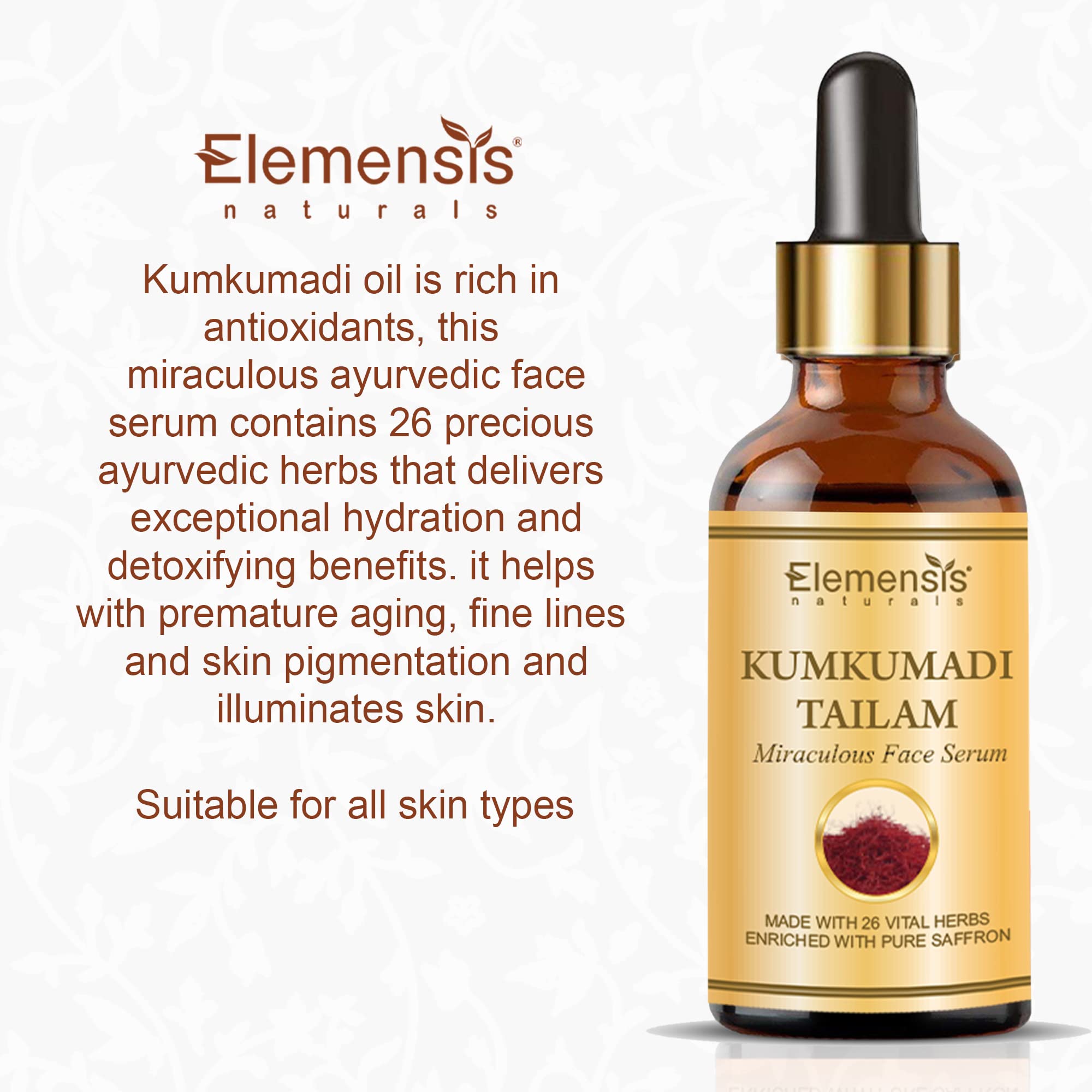 Elemensis Naturals Kumkumadi Tailam Face Oil - Brightening & Whitening Serum for Glowing Skin, Anti-Aging Treatment with Natural Ingredients, 20ml - Perfect for Nighttime Skincare Routine & Daily Radiance Boost