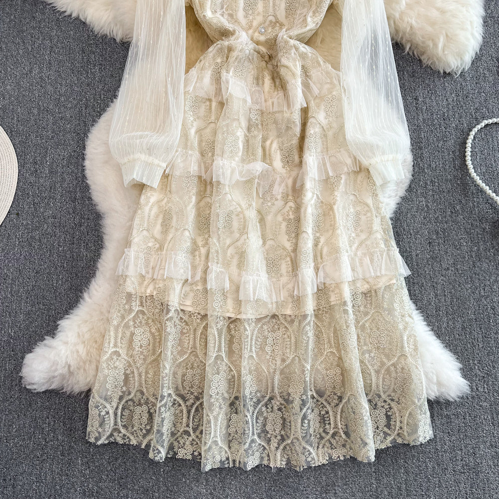 French Retro Round Neck Mesh A-Line Lace Cake Dress - Elegant Vintage Tea Party Gown for Women's Special Occasions, Weddings and Photo Shoots