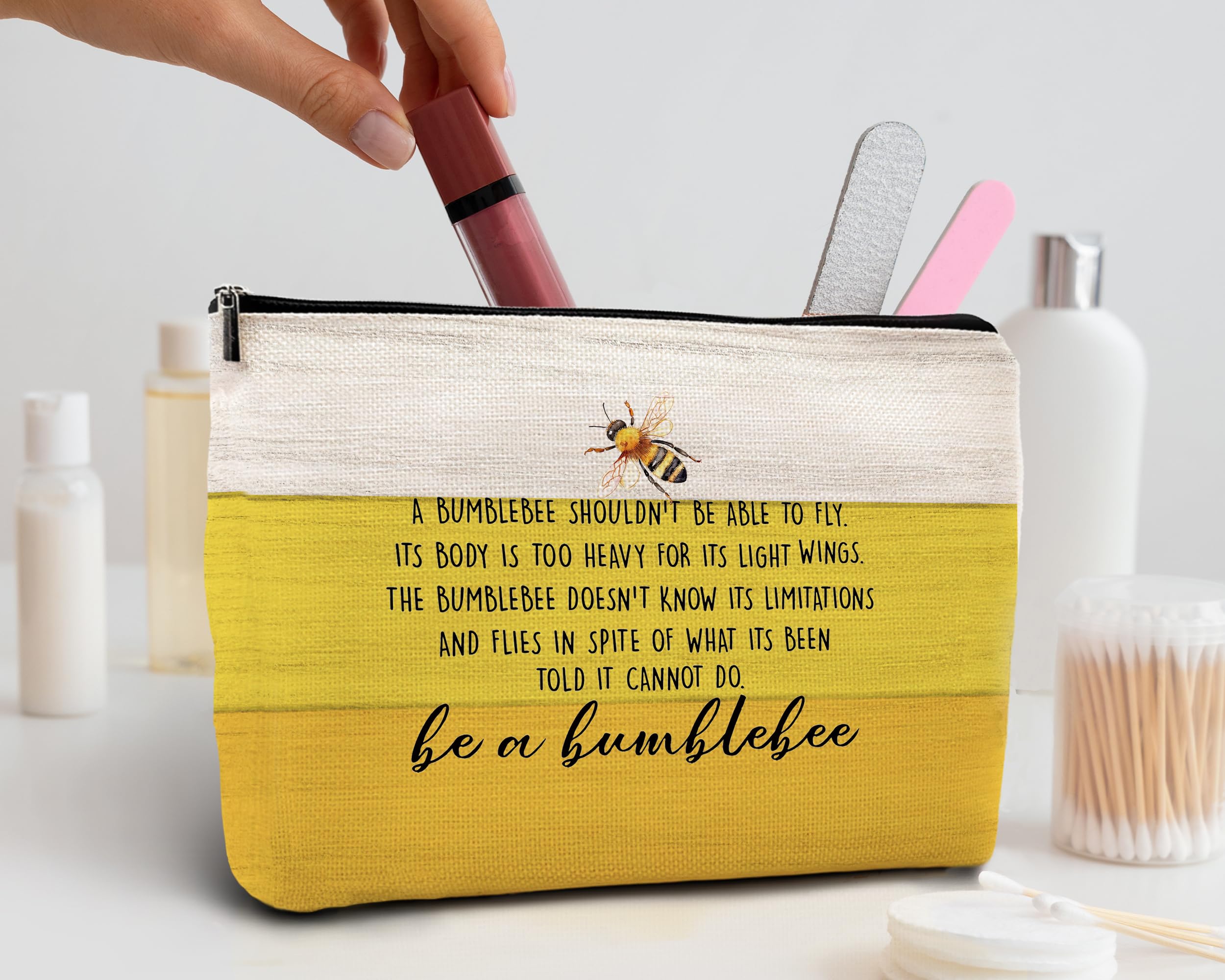 Honey Bee Makeup Bag - Bumblebee Themed Cosmetic Pouch for Women, Bee Lover Gift, Linen Travel Toiletry Bag with Inspirational Quote - Perfect for Summer Travel, Beekeepers & Nature Enthusiasts