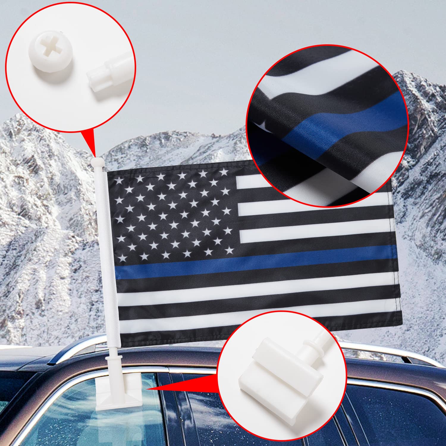 2 Pack Thin Blue Line USA Police Car Flags with Poles - Durable Outdoor American Policemen Flags for Cars, Trucks, and Parades