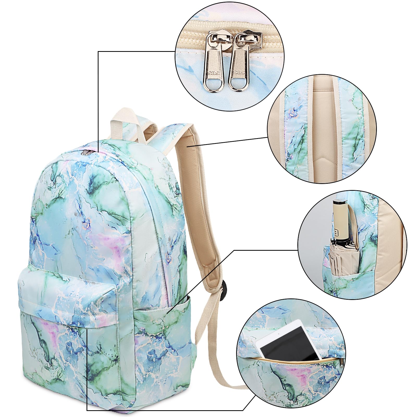 Waterproof School Backpack for Teen Girls & Women - Stylish Bookbag with Lunch Bag (Marble Purple/Blue/Green) | Perfect for High School, College, Travel & Daily Use