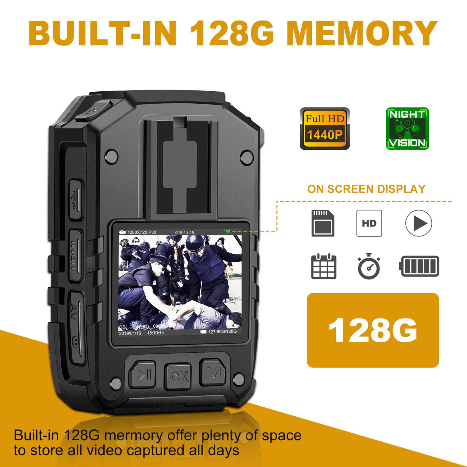CammPro 1440P 2K Police Body Camera with 128GB Memory, Waterproof Wearable Camera with Audio Recording, Night Vision & GPS - Ideal for Law Enforcement, Security Patrols, and Evidence Collection