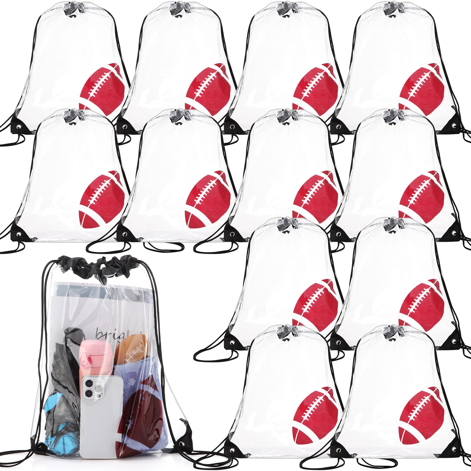 12 Pack Clear Football Drawstring Backpacks - 17x13 Inch Waterproof Plastic Sports Bags for Party Favors, Gym & Stadium Events | Team Gifts, Goodie Bags & Game Day Essentials