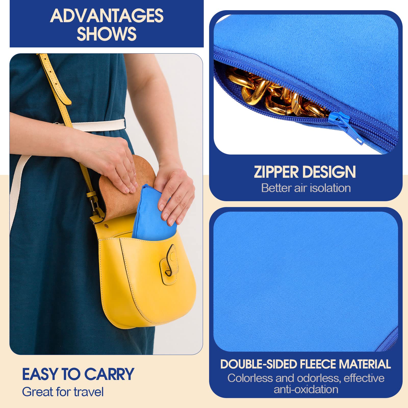 8-Piece Anti-Tarnish Zippered Silver Storage Bags - Navy Blue Jewelry Protector Pouches (7.9