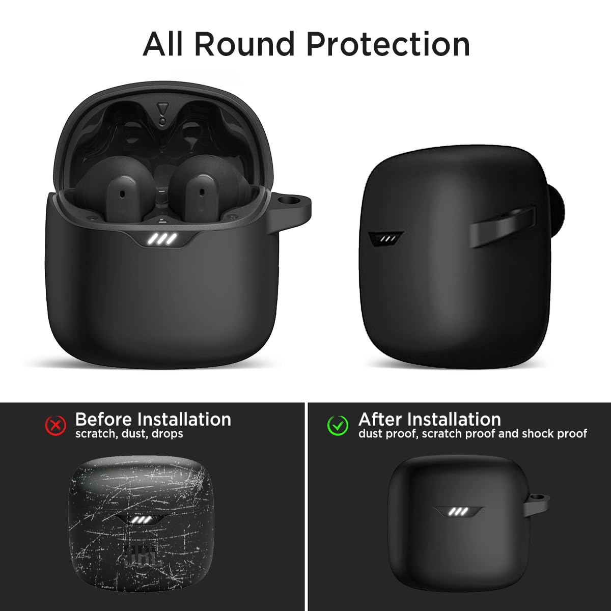 Miimall Protective Silicone Case Cover for JBL Tune Flex - Anti-Lost Keychain, Scratch & Dust Resistant with Carabiner Clip (Black) | Perfect for Gym, Travel & Outdoor Activities