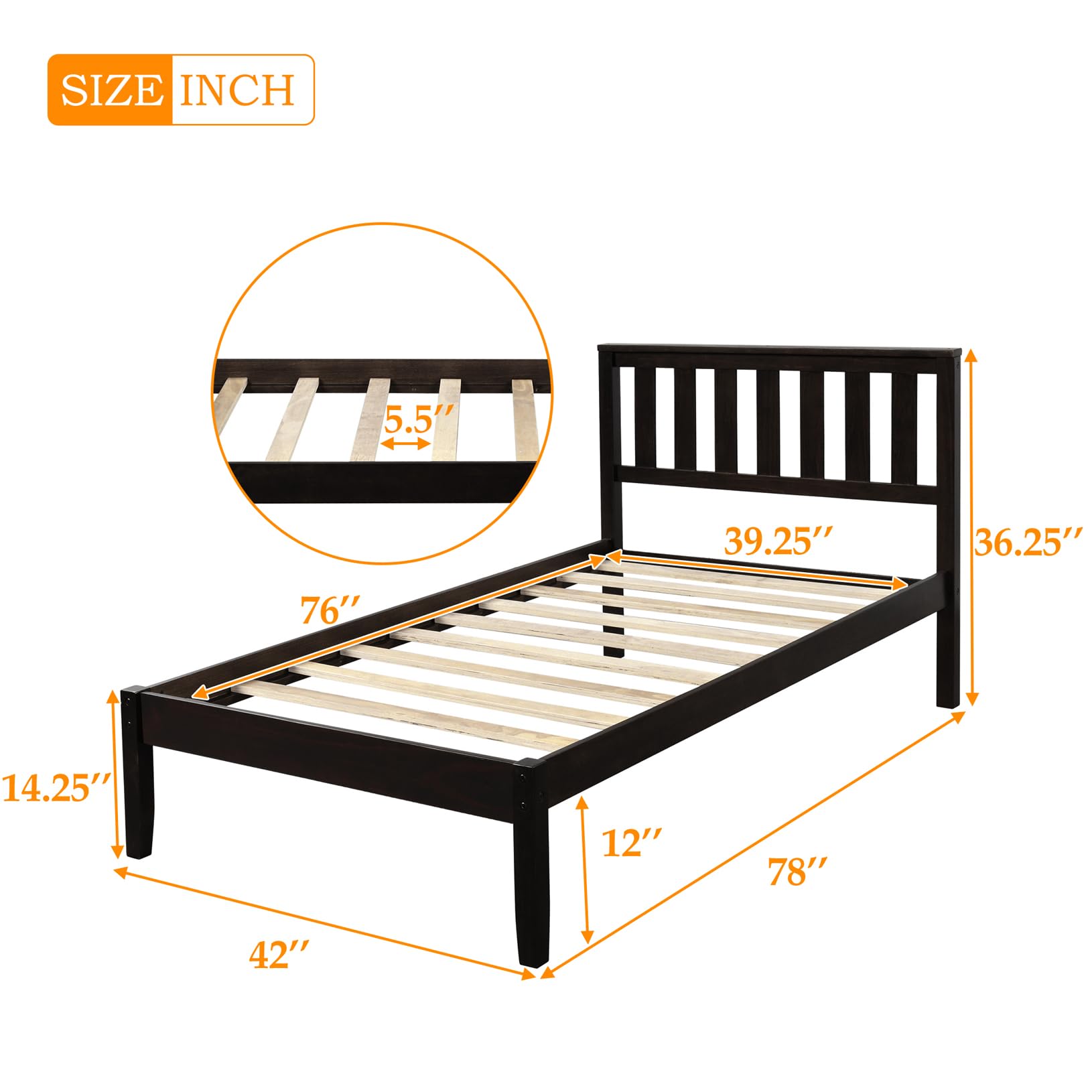 **Twin Size Solid Wood Platform Bed Frame with Headboard - Modern Simple Design, Sturdy Salt Support, Noise-Free for Bedroom - Ideal for Boys, Girls, Adults & Teens - Under Bed Storage - Espresso Finish - Perfect for Small Spaces, Guest Rooms & Kids' Bedrooms**