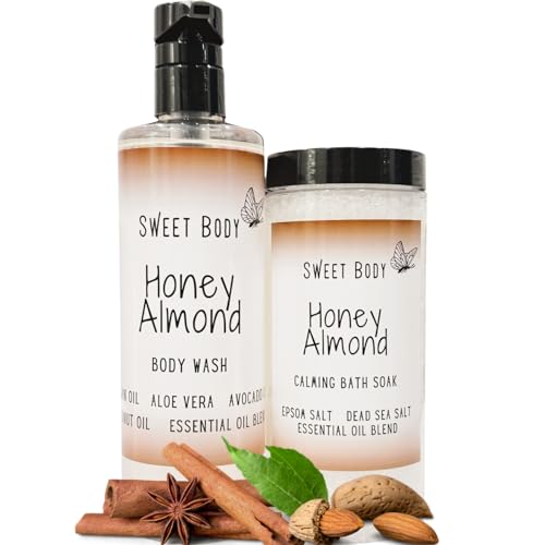 Honey Almond Body Wash & Bath Salt Set - Natural Moisturizing Shower Gel with Clean Ingredients | Sulfate Free, Paraben Free | Perfect for Relaxing Bath & Spa Day at Home