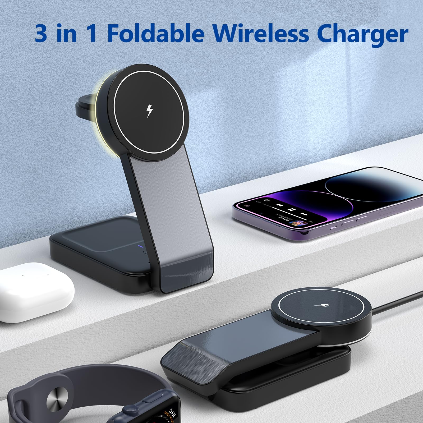 3-in-1 Foldable Wireless Charging Station for iPhone 16/15/14/13/12 (MagSafe Compatible), Apple Watch 10/9/8/7 & AirPods - Fast Charging Stand for Apple Devices | Perfect for Nightstand, Office Desk & Travel Use