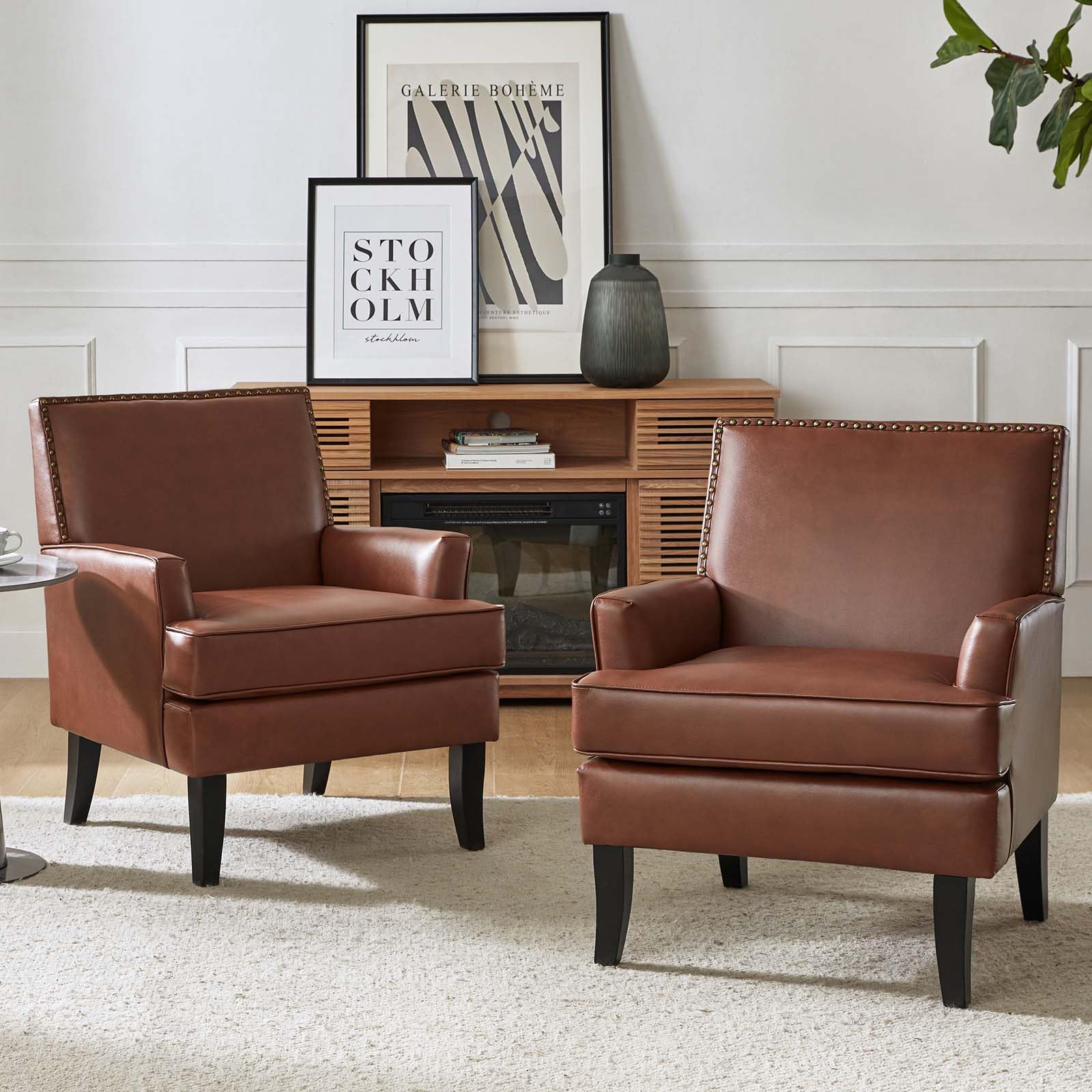 HULALA HOME Modern Faux Leather Accent Chairs Set of 2 - Upholstered Living Room Armchairs with Nailhead Trim & Wood Legs - Comfy Sofa Chairs for Bedroom, Office or Lounge (Brown)