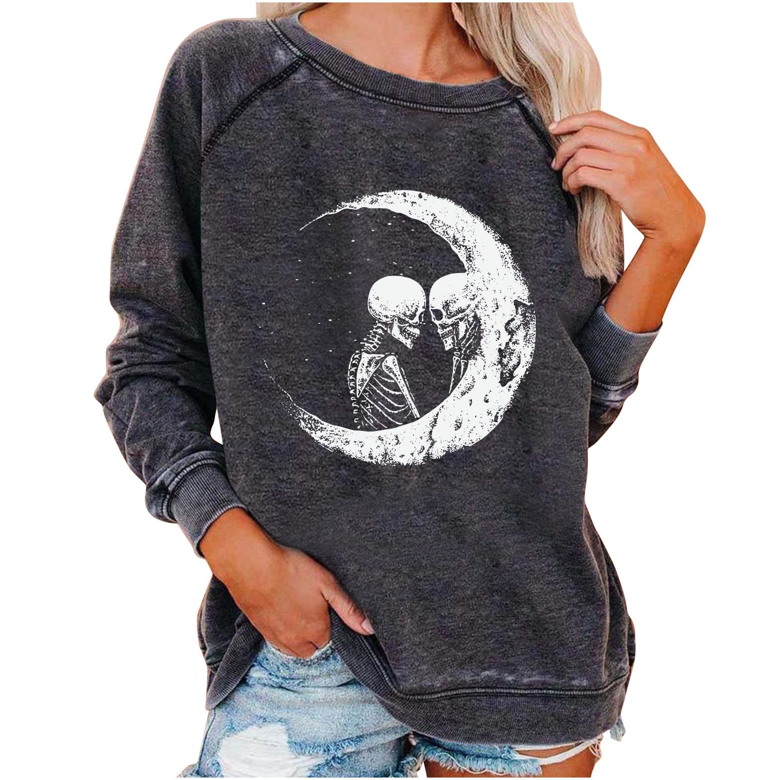 Women's Casual Long Sleeve Round Neck Pullover T-Shirt - Loose Fit Gothic Skeleton Print Sweatshirt Blouse | Perfect for Halloween, Gothic Fashion & Everyday Wear