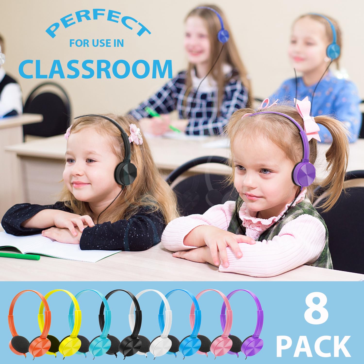 8 Pack Kids Headphones Bulk for Classroom - Durable School Headphones for Students, Children & Teens - 8 Mixed Colors - Perfect for Classroom Learning, Online School & Homeschooling