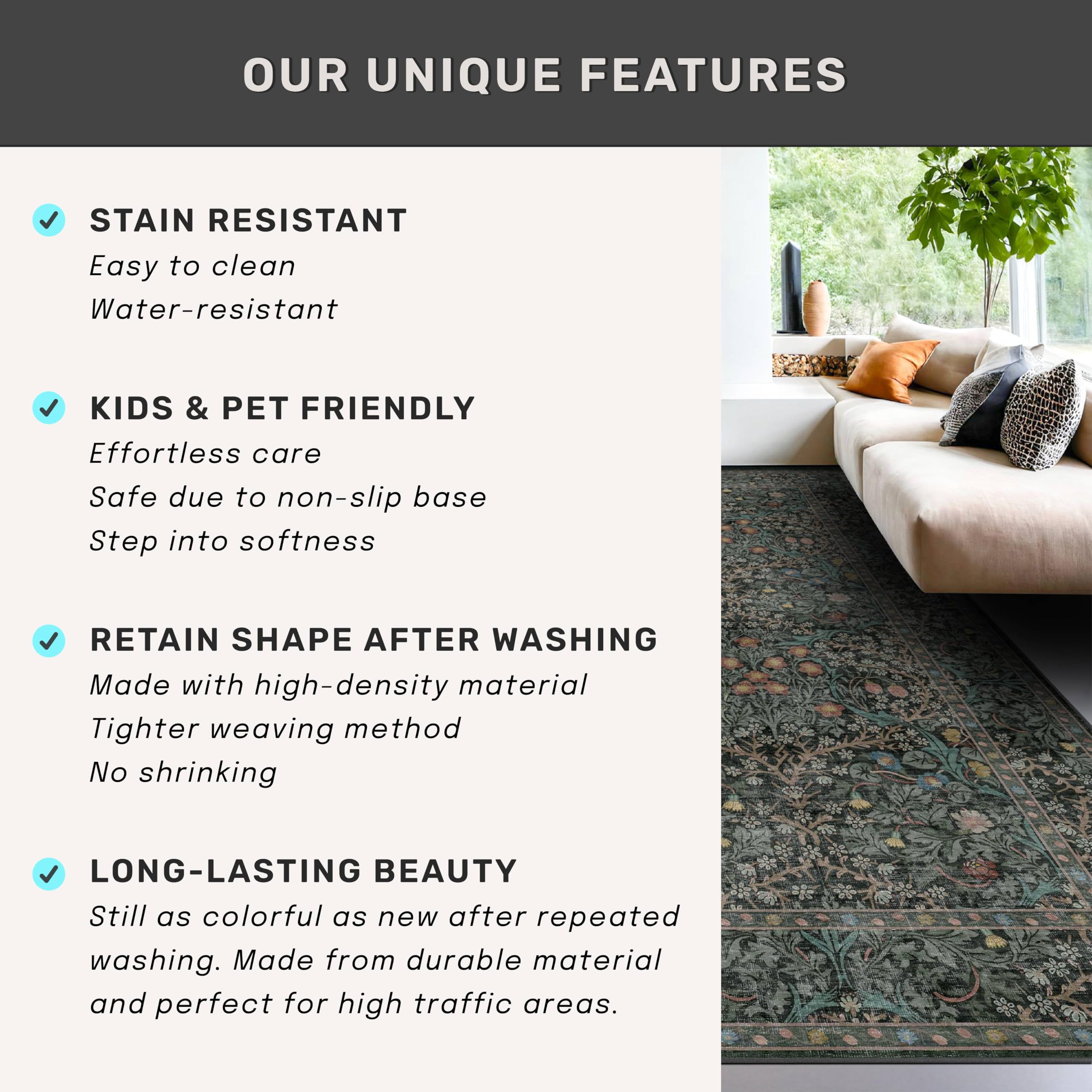 Vintage Dark Green 8x10 Washable Area Rug - Non-Slip Low Pile Oriental Rug for Living Room, Bedroom, Dining Room & Kitchen | Stain Resistant & Easy to Clean | Perfect Under Table, Sofa or Bed (Dark Green)