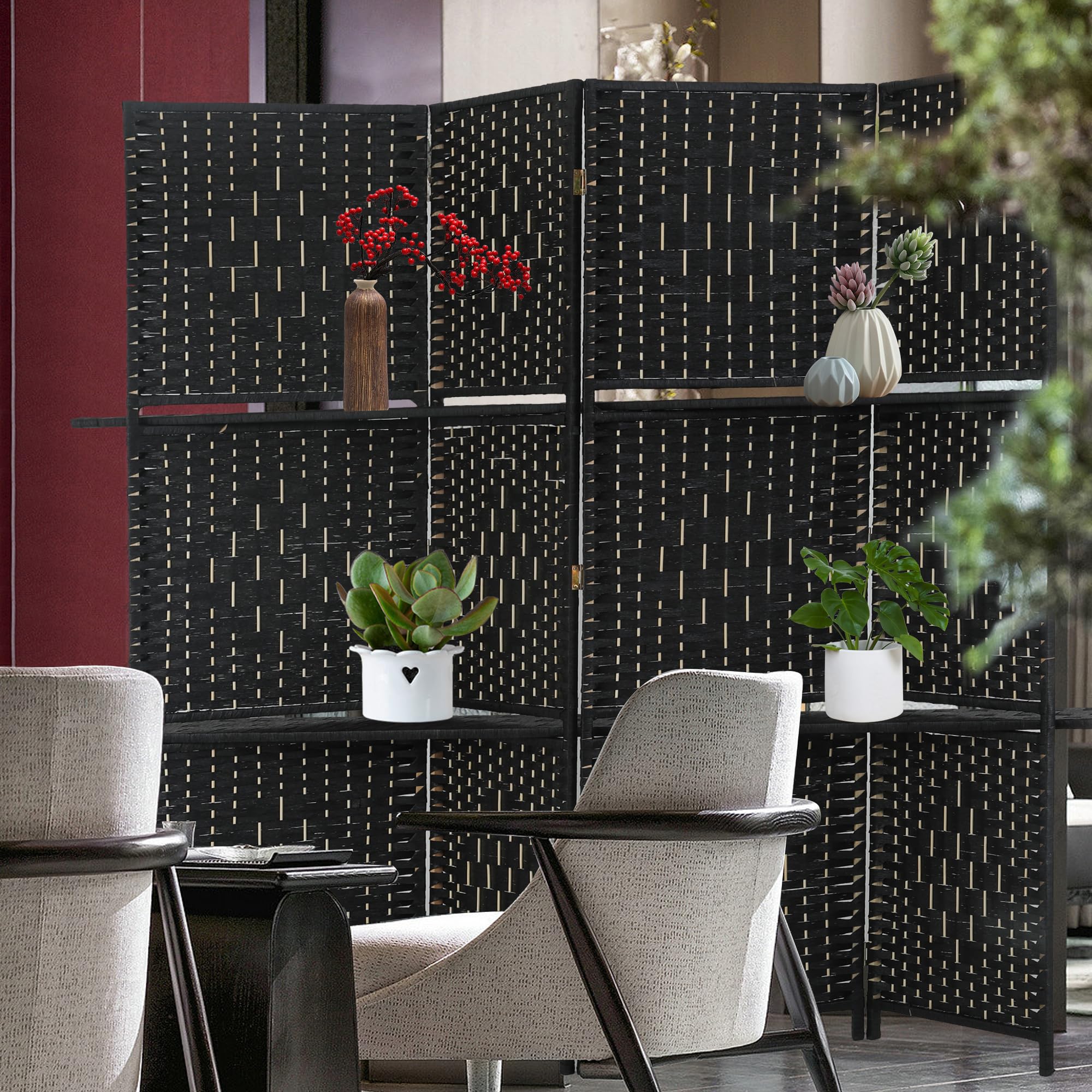 4 Panel Wooden Room Divider Screen - Portable Folding Partition with Removable Storage Shelves | Black Color | Perfect for Home Office, Bedroom Privacy & Space Organization