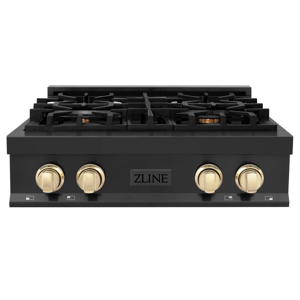ZLINE Autograph Edition 30 Inch Black Stainless Steel Gas Rangetop with 4 Burners & Porcelain Cooktop - Polished Gold Accents (RTBZ 30 G) - Perfect for Modern Kitchens, Professional Cooking & Luxury Home Upgrades