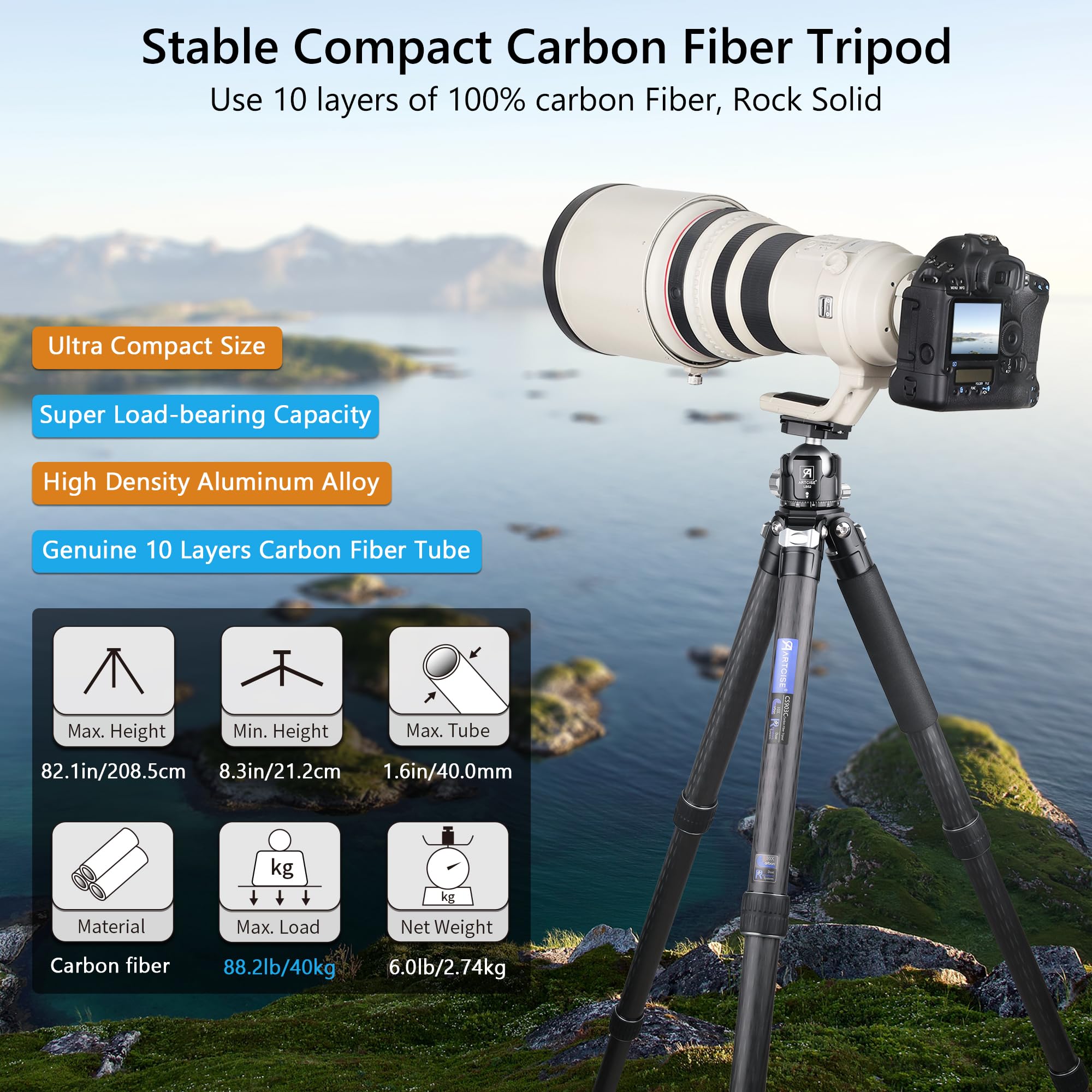 ARTCISE Professional Carbon Fiber Tripod with 52mm Low Profile Ball Head - Heavy Duty Camera Tripod, 10-Layer Carbon Fiber, 5-Section Legs (Max 40mm Diameter), Supports 88lbs/40kg - Perfect for DSLR Photography, Videography & Outdoor Shooting