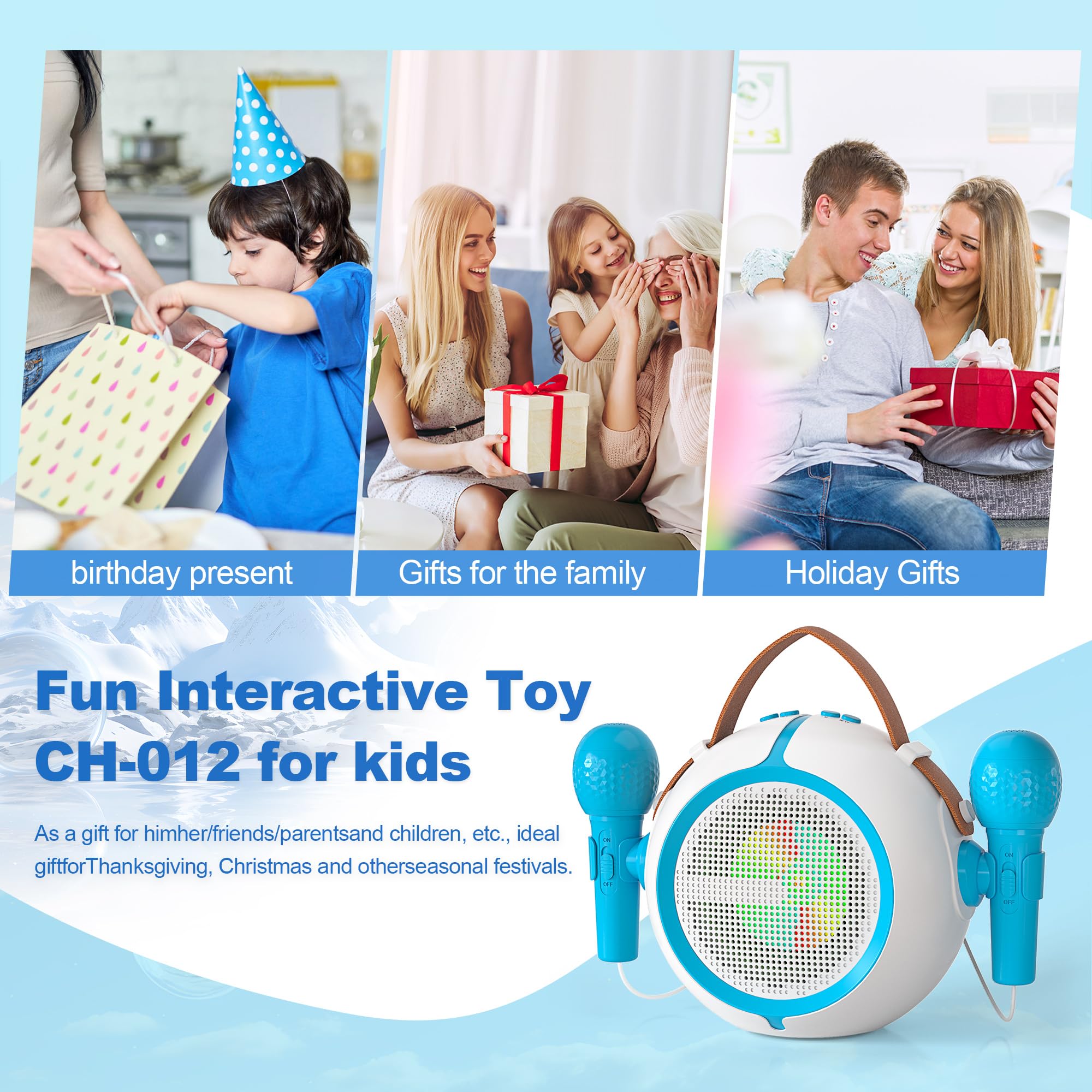 Portable Bluetooth Karaoke Machine for Kids with 2 Wireless Microphones, Rechargeable Battery, FM Radio, USB Playback & LED Lights - Perfect for Birthday Parties, Family Gatherings & Home Singing Fun (Blue)