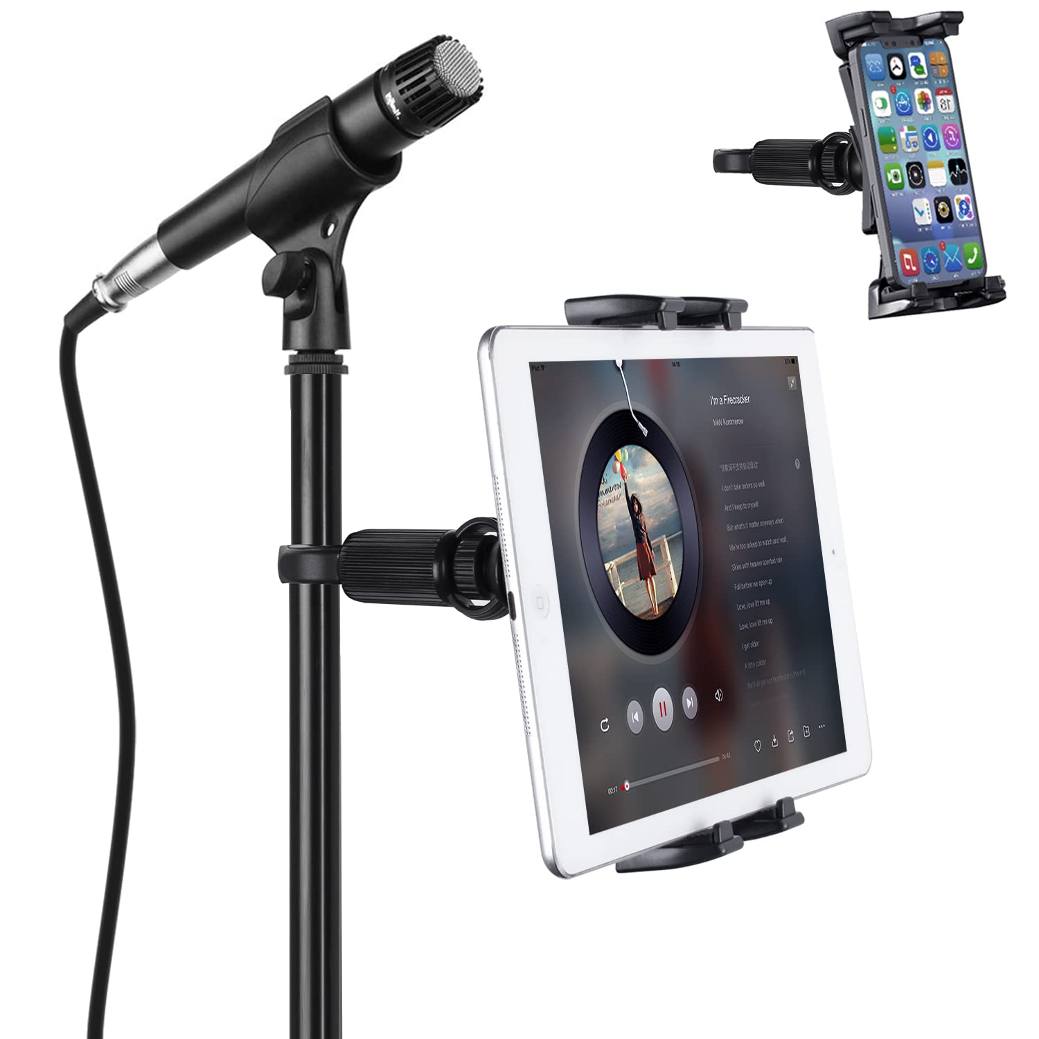 JUBOR Universal Tablet Holder for Microphone Stands - Adjustable iPad & Smartphone Mount (4.7-12.9