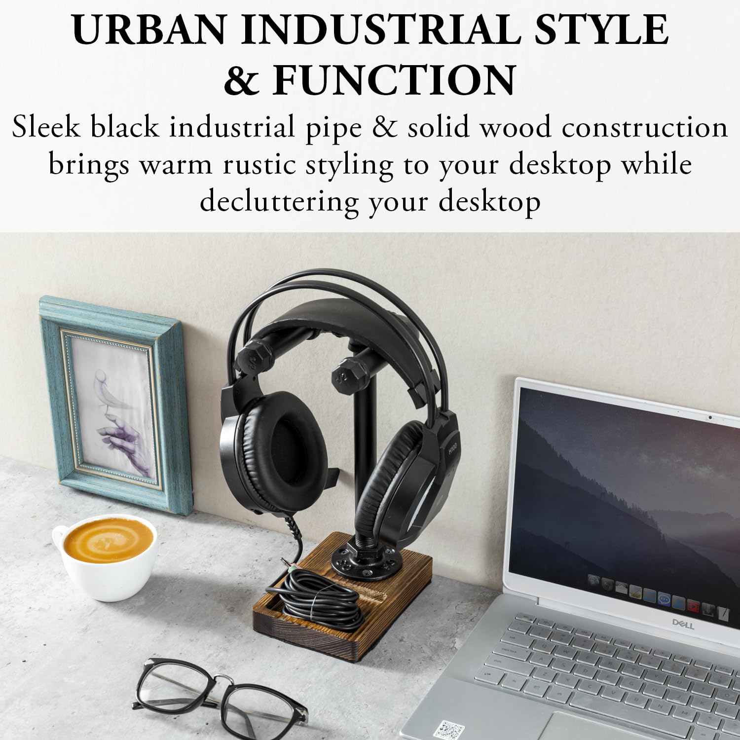 MyGift Universal Headphone Stand - Industrial Black Metal Pipe & Solid Wood Tray Desktop Headset Holder for Gaming, Office & Home Workspace Organization