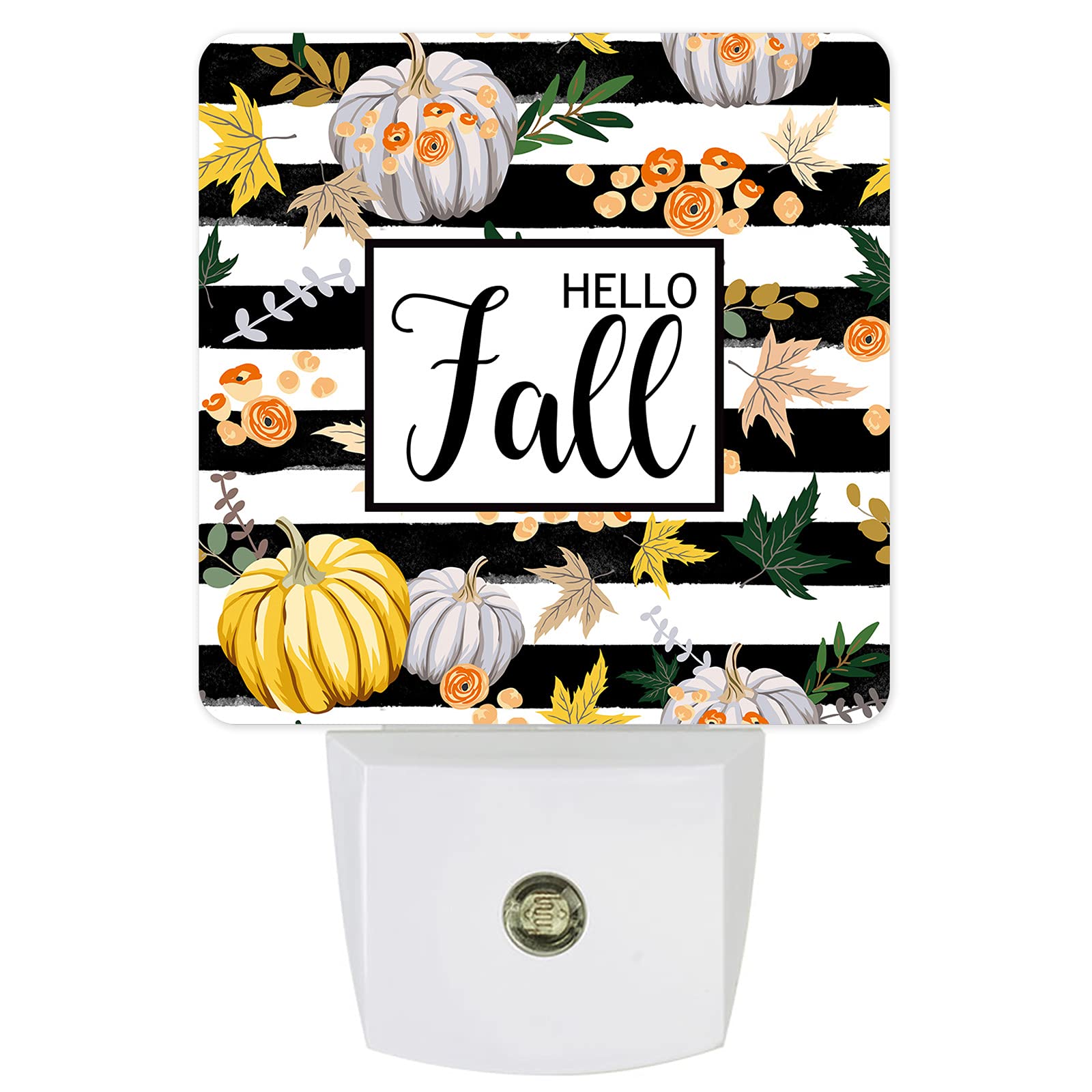 LED Plug-in Night Light - Hello Fall Thanksgiving Pumpkin Maple Wall Light, Farmhouse Black White Stripes Decor for Bathroom, Bedroom, Nursery, Hallway & Living Room | Perfect for Cozy Autumn Ambiance & Nighttime Safety