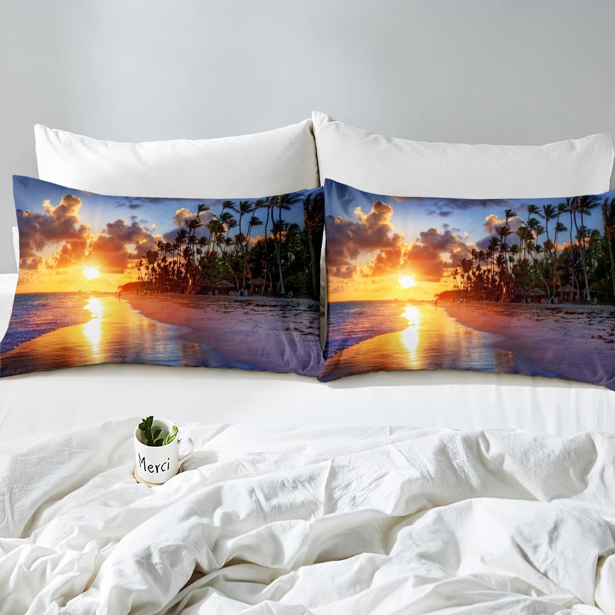 Feelyou Kids Twin Beach Duvet Cover Set - Tropical Palm Tree Printed Microfiber Bedding with Zipper Closure & 2 Pillow Shams (Sunset Design) | Summer Ocean Theme Bed Set for Boys Girls Bedroom, Vacation Home Decor