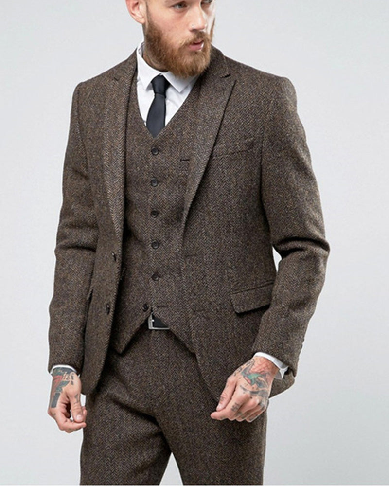 Stylish Slim Fit Brown/Gray Tweed Suit Set for Men - 3 Piece Wedding Blazer, Vest & Pants | Custom Tailored Tuxedo for Formal Occasions, Business Meetings & Special Events