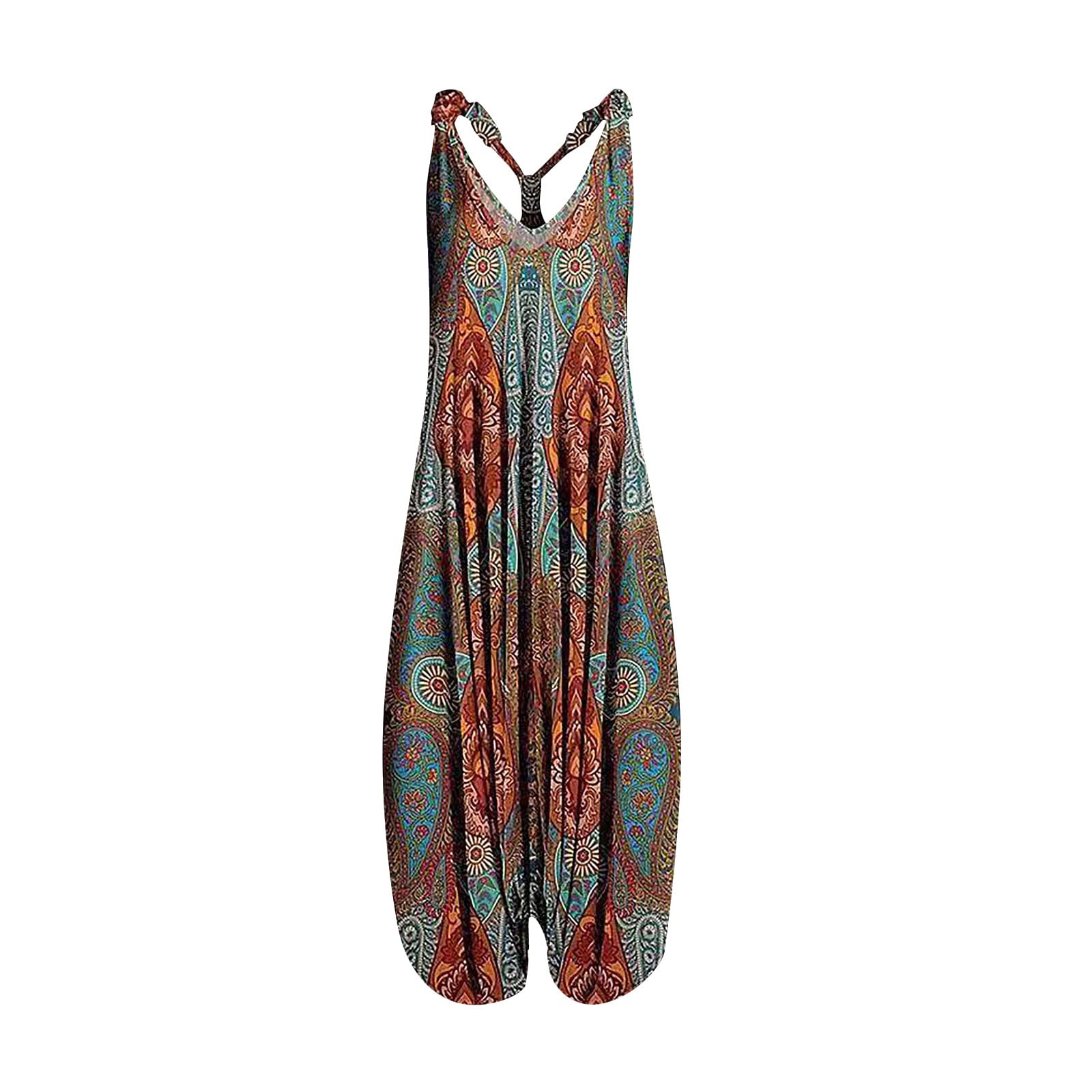 Women's Vintage Paisley Racerback Jumpsuit - Casual Harem Dress with Spaghetti Straps | Perfect for Summer Outfits, Beach Wear & Boho Fashion