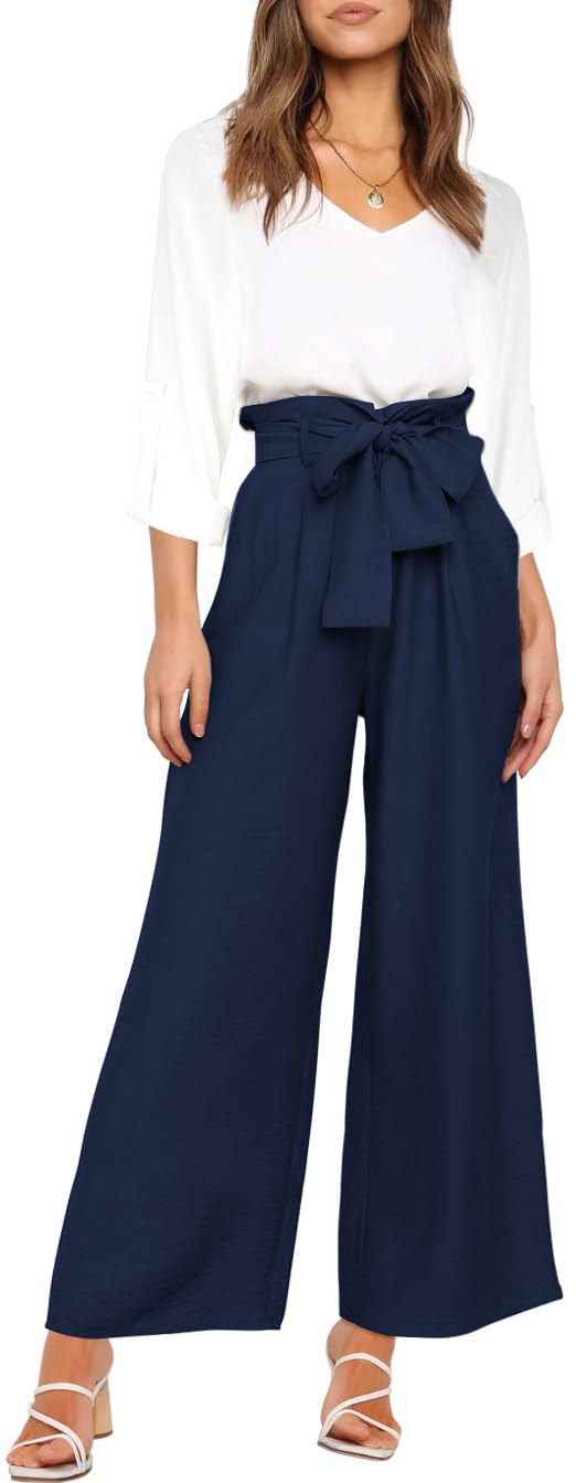 FANCYINN Women's 2-Piece Outfit Set - V-Neck Long Sleeve Top & High Waisted Paper Bag Pants with Belt | Casual Workwear & Office Outfit