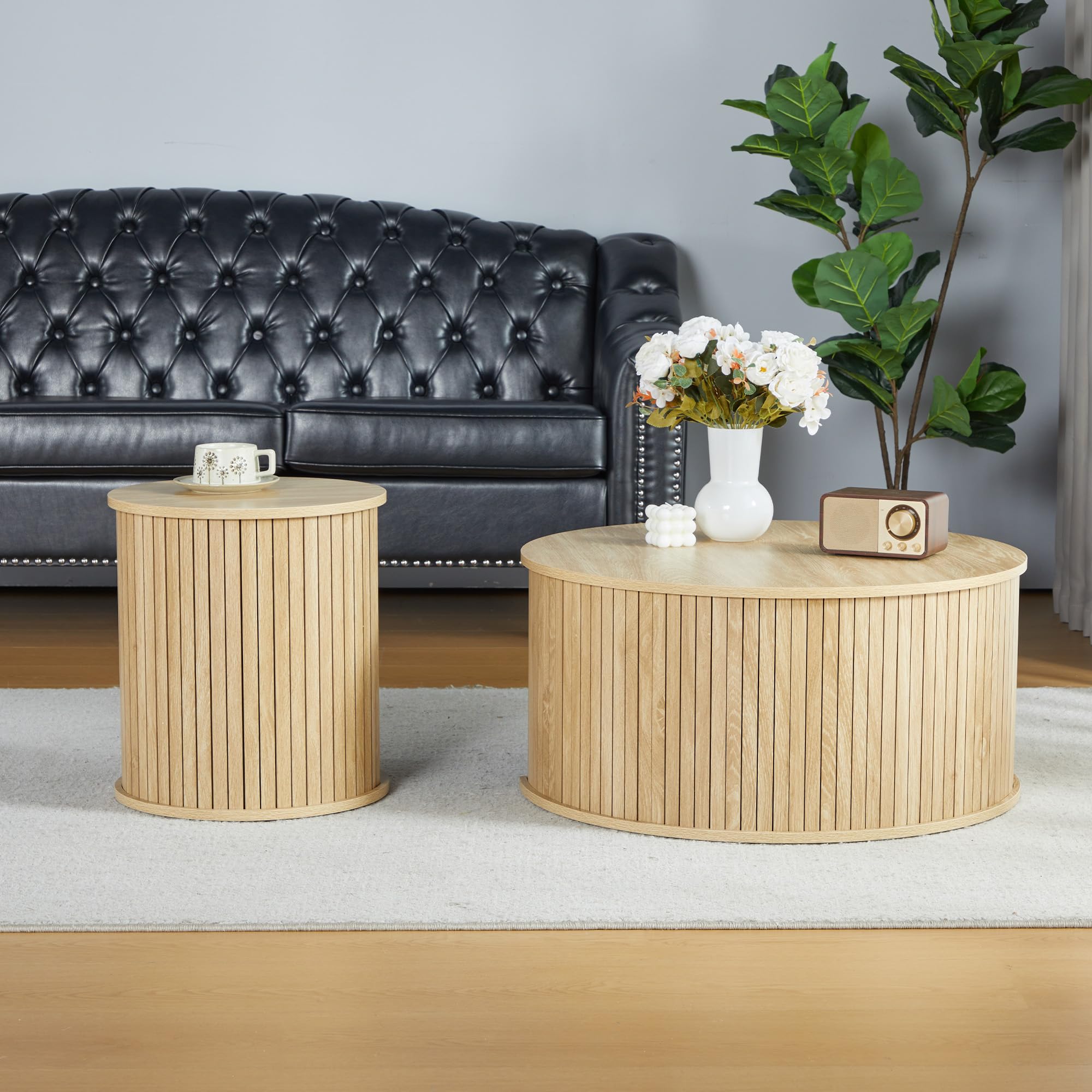 Nesting Coffee Table Set of 2 - Round Wooden Side Tables for Living Room, Office & Balcony | Modern Circle Coffee Tables in Natural Wood Finish | Perfect for Small Spaces, Home Decor & Coffee Time