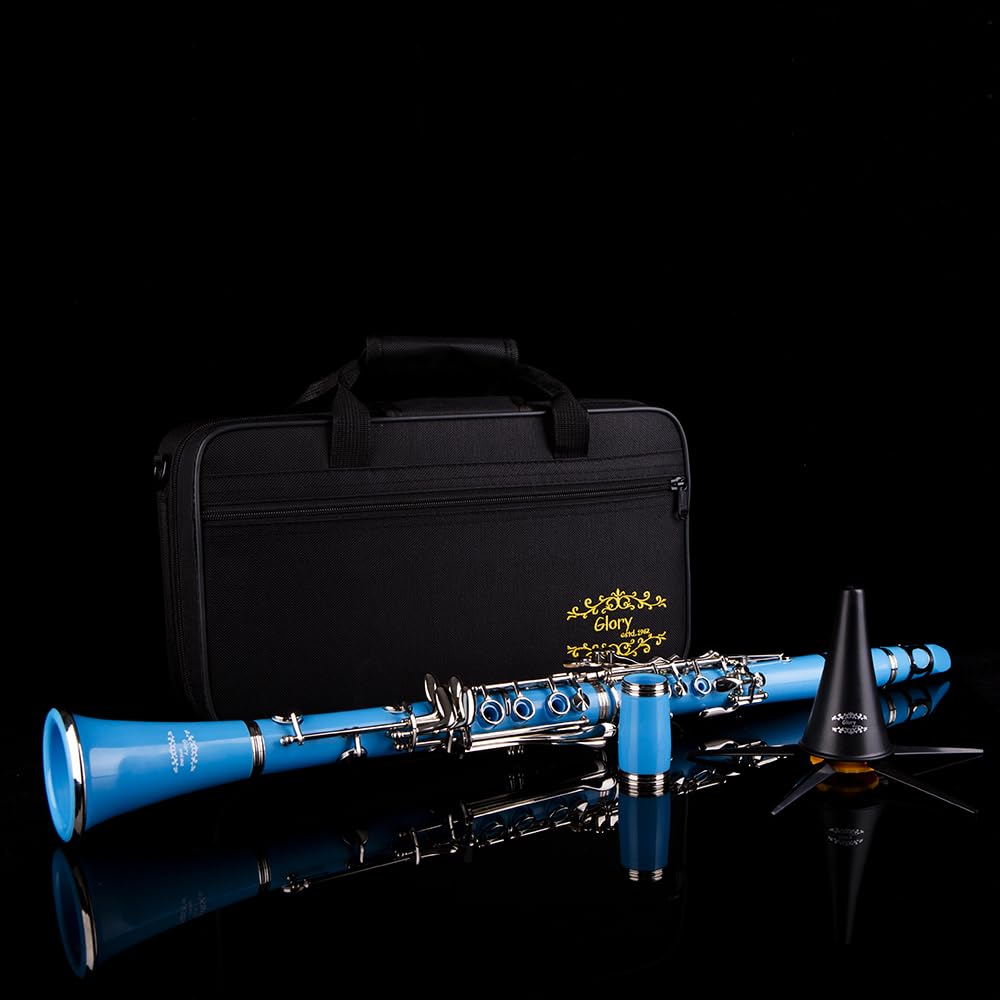 Professional Ebonite Bb Clarinet with 10 Reeds, Stand, Hard Case & Accessories - Light Blue/Silver | Ideal for Students, Beginners & Professional Musicians | Band, Orchestra & Solo Performances
