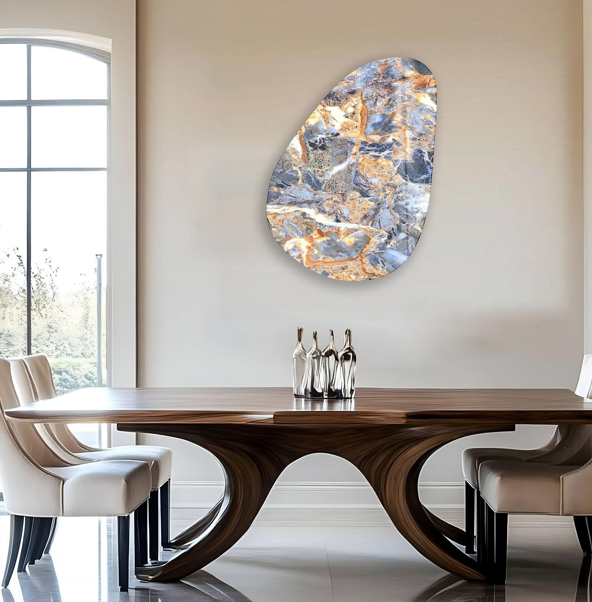 Handmade Asymmetrical Oval Blue & Orange Marble Glass Wall Art - Modern Abstract Home Decor for Living Room, Bedroom & Office