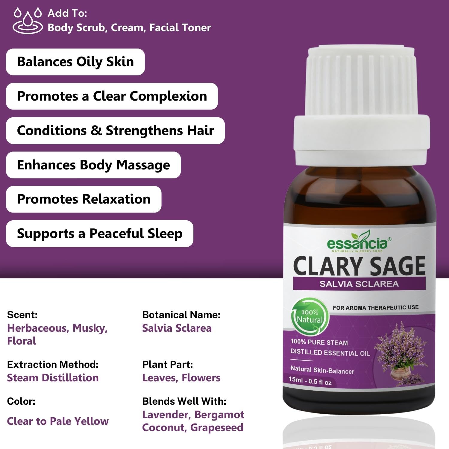 **Essencia 100% Pure Clary Sage Essential Oil - 15ml, Undiluted Therapeutic Grade for Relaxation, Skin Care & Aromatherapy - Perfect for Massage, Diffusers & DIY Beauty**