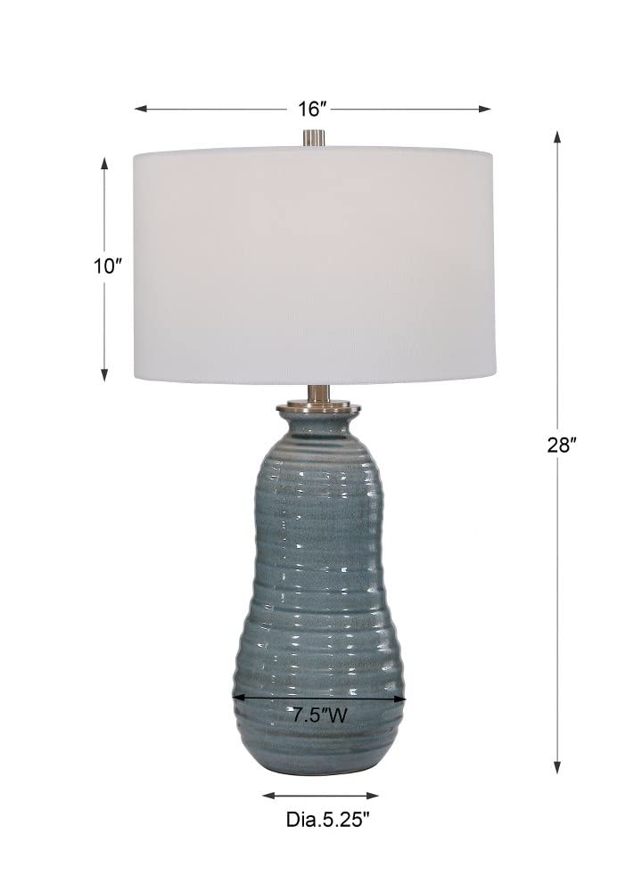 Tall Ribbed 1-Light Light Blue Ceramic Table Lamp with White Linen Drum Shade - 3-Way Switch for Bedroom, Living Room, or Office Decor