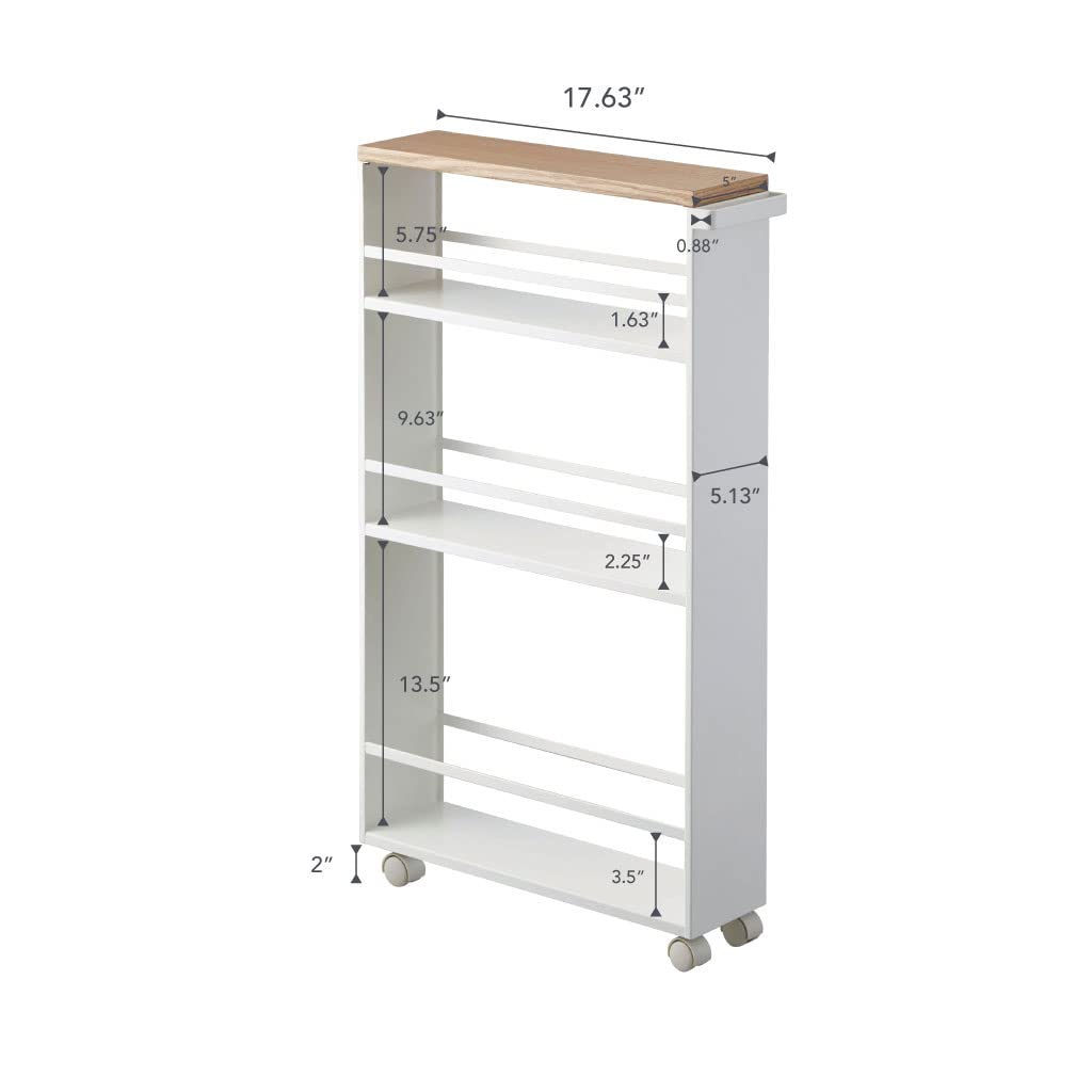 YAMAZAKI Home Tower Rolling Slim Storage Cart with Handle - White | Space-Saving Organizer for Kitchen, Bathroom, Office & Closet | Mobile Storage Solution for Small Spaces