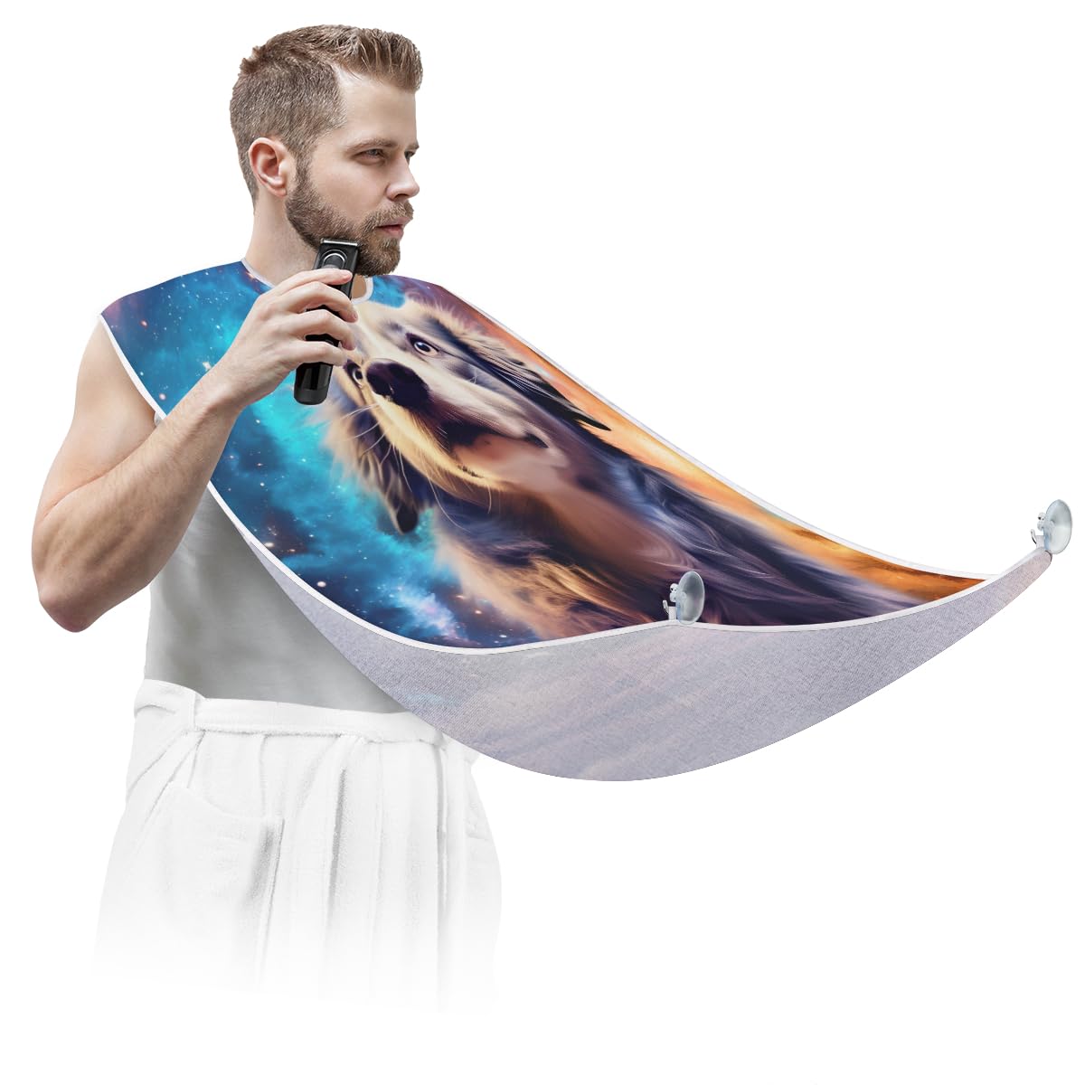 **Men's Galaxy Beard Shaving Bib - Cute Dog Print Barber Cape for Hair Dye, Makeup & Grooming - Sink Hair Catcher & Beard Trimming Accessory - Perfect Gift for Barbers, Stylists & Pet Lovers**    *(Use: Ideal for home grooming, salon use, pet haircuts, or as a fun gift for beard enthusiasts!)*