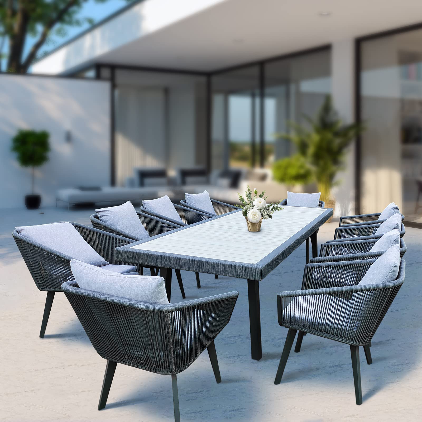 11-Piece Patio Dining Set - All-in-One Wicker Furniture with Cushions, 10 Aluminum Frame Chairs & Rectangle Table in Light Gray - Perfect for Outdoor Entertaining, Backyard BBQs, and Poolside Gatherings